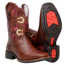 Bota Country Feminina Cano Médio Com Bordados Ferradura Couro Havana