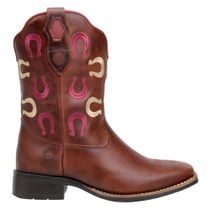 Bota Country Feminina Cano Médio Com Bordados Ferradura Couro Havana