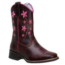 Bota Feminina Infantil Couro Legitimo Cor Café Bordado de Flor