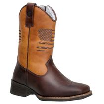 Bota Infantil Em Couro Bico Quadrado Cor Castor Bordado Bandeira U.S.A