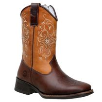 Bota Feminina Infantil Couro Nobre Cor Café e Castor Bordada