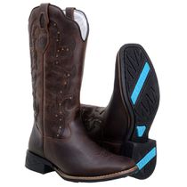 Bota Country Feminina Bico Quadrado Em Couro Fóssil Café Bordado Preto