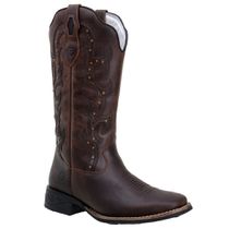 Bota Country Feminina Bico Quadrado Em Couro Fóssil Café Bordado Preto