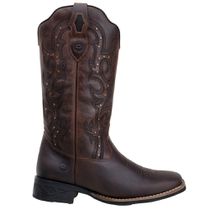 Bota Country Feminina Bico Quadrado Em Couro Fóssil Café Bordado Preto