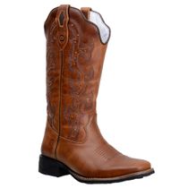 Bota Cano Médio Country Feminina Bico Quadrado Em Couro Fóssil Castor