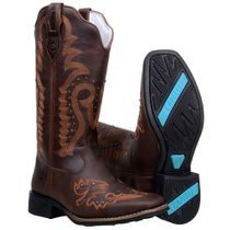 Bota Cano Médio Country Feminina Bico Quadrado Bordado Ferrugem