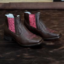 Botina Feminina 100% Couro Legítimo Com Elástico Floral