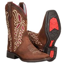 Bota Country Feminina Em Couro Cano Médio Com Bordados Vermelhos