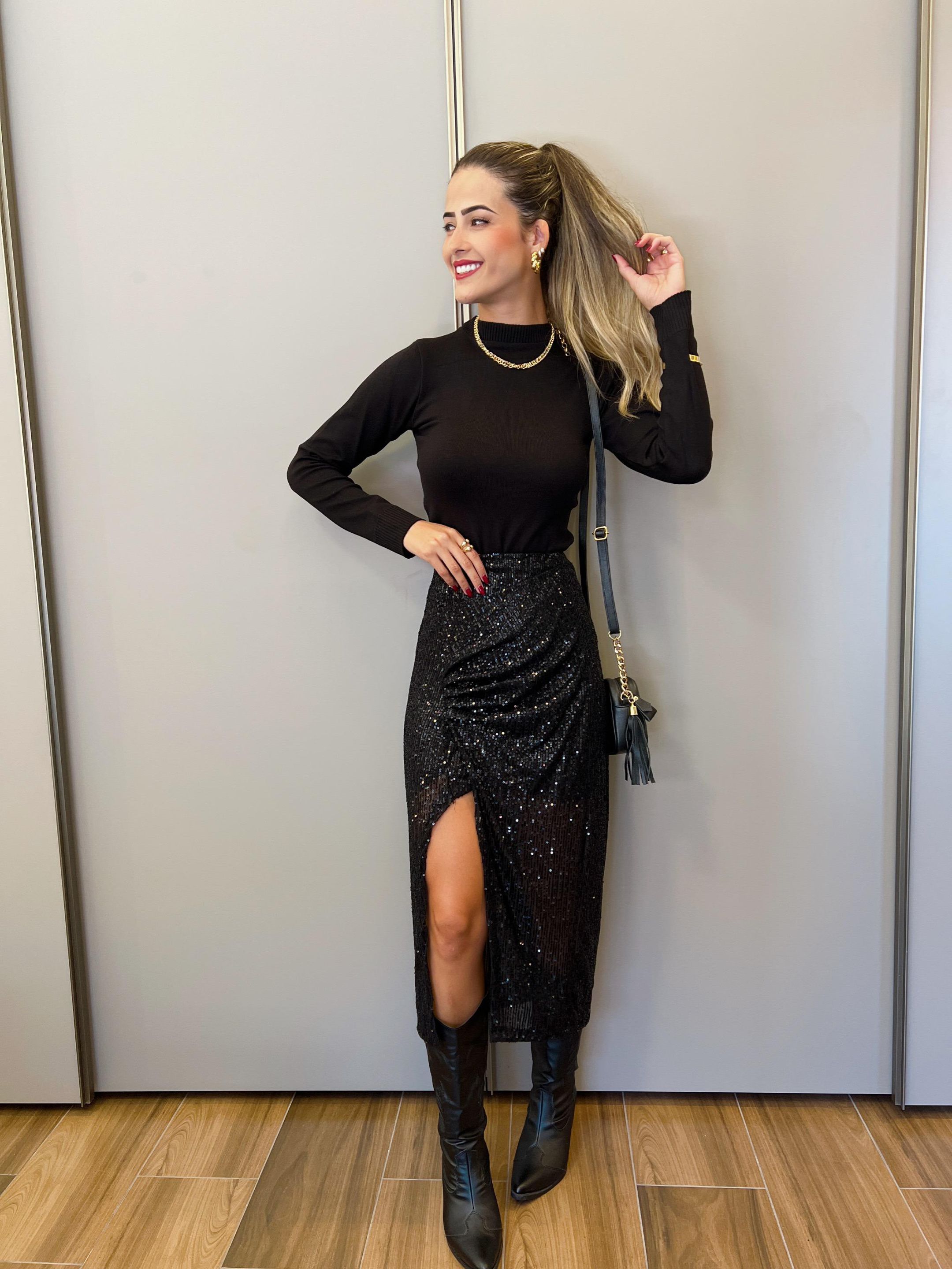 SAIA MIDI PAETÊ PRETO - MMUNIZ 