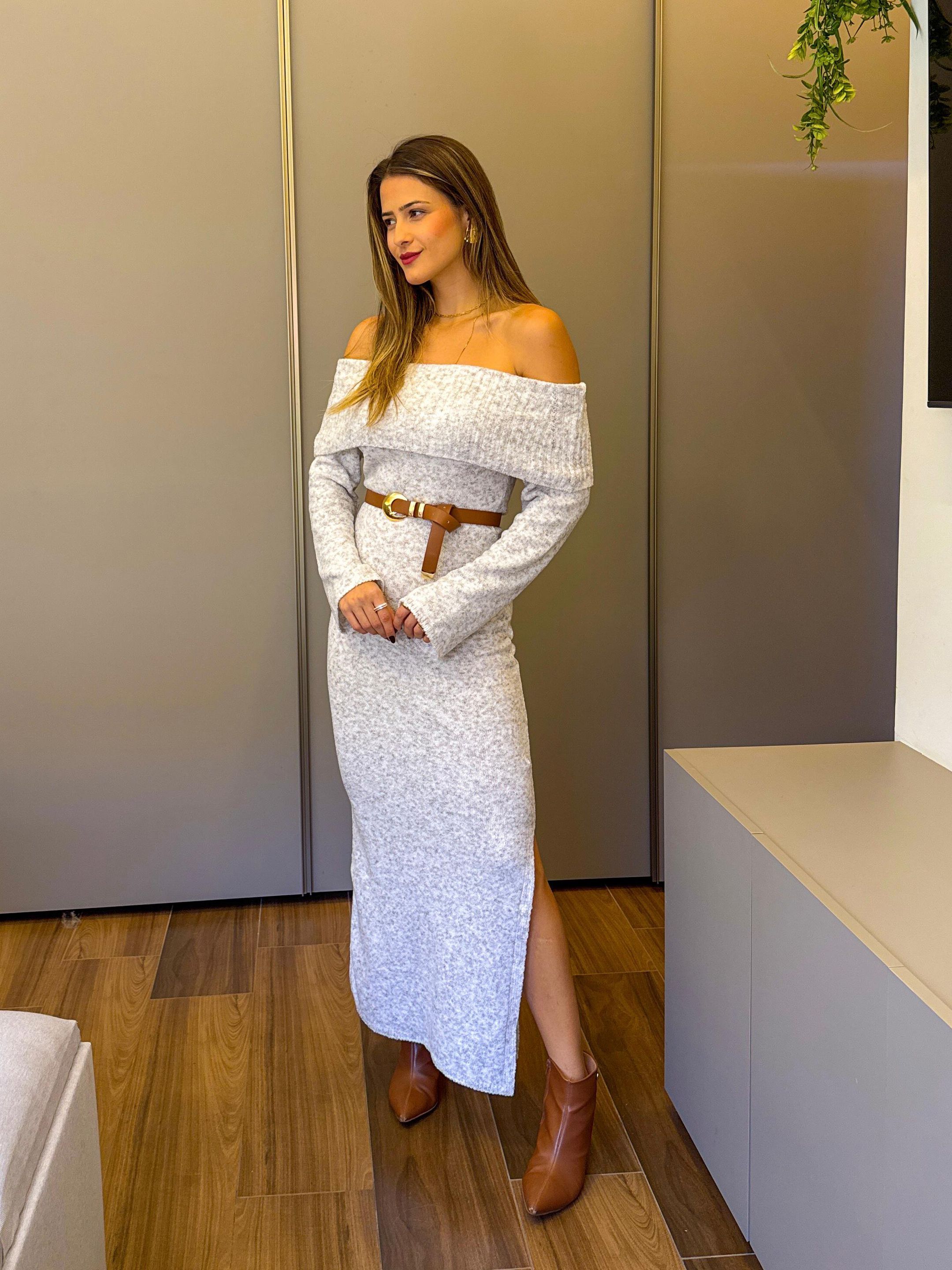 VESTIDO TRICÔ OMBRO A OMBRO OFF WHITE - MMUNIZ 