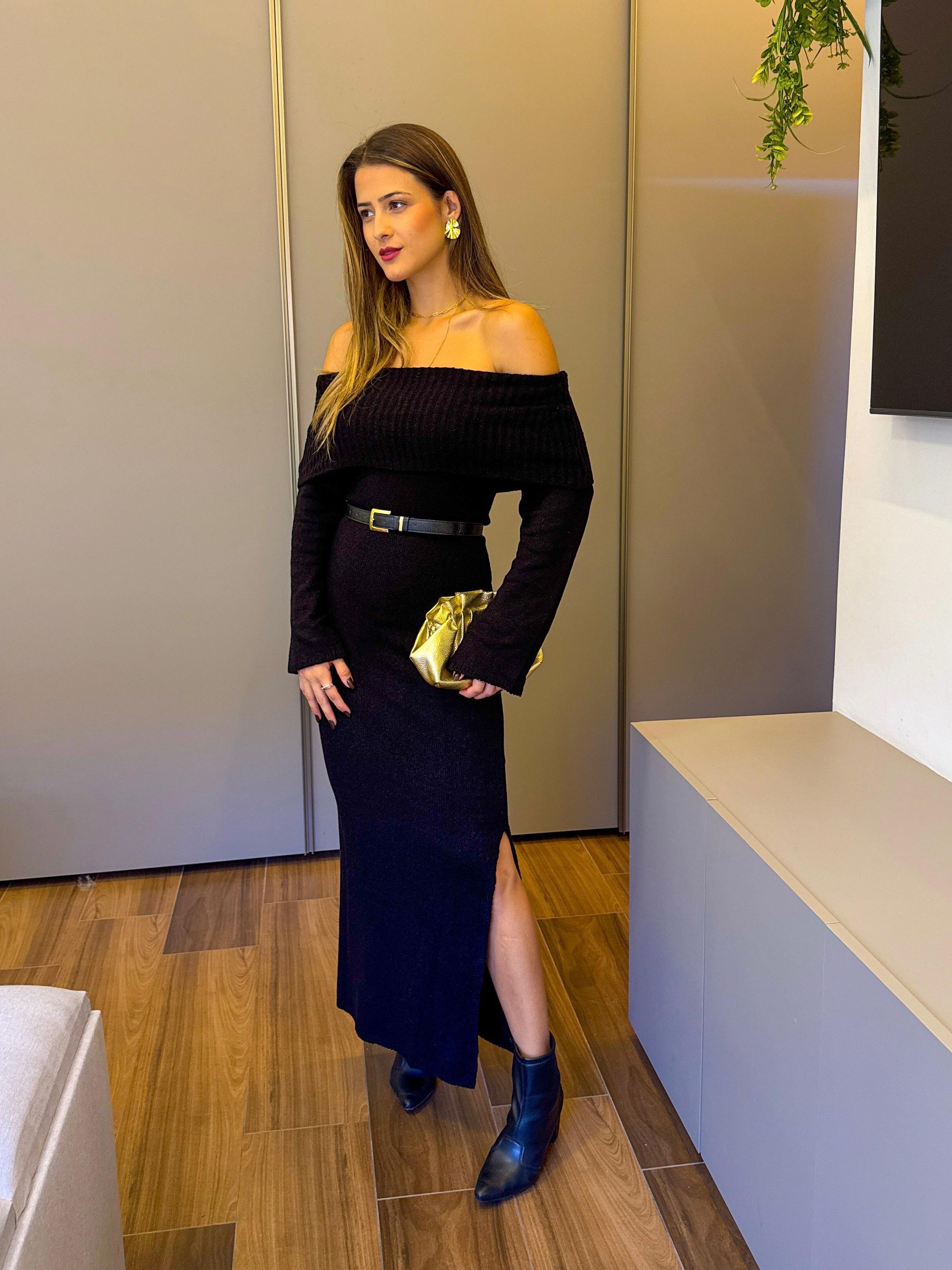 VESTIDO TRICÔ OMBRO A OMBRO PRETO - MMUNIZ 
