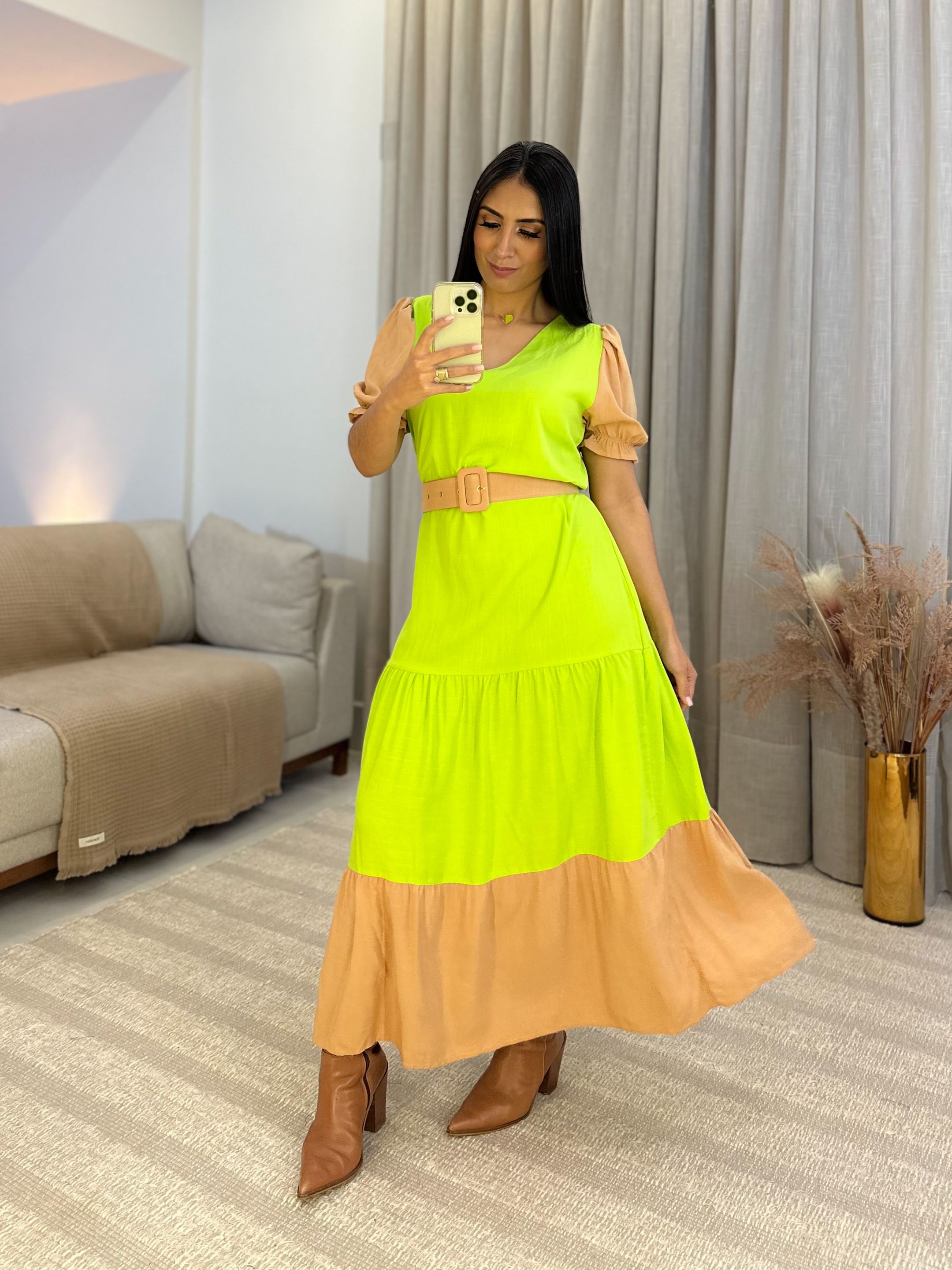 Vestido Joana Verde e Nude - Por Katia Vilar Moda Clássica 