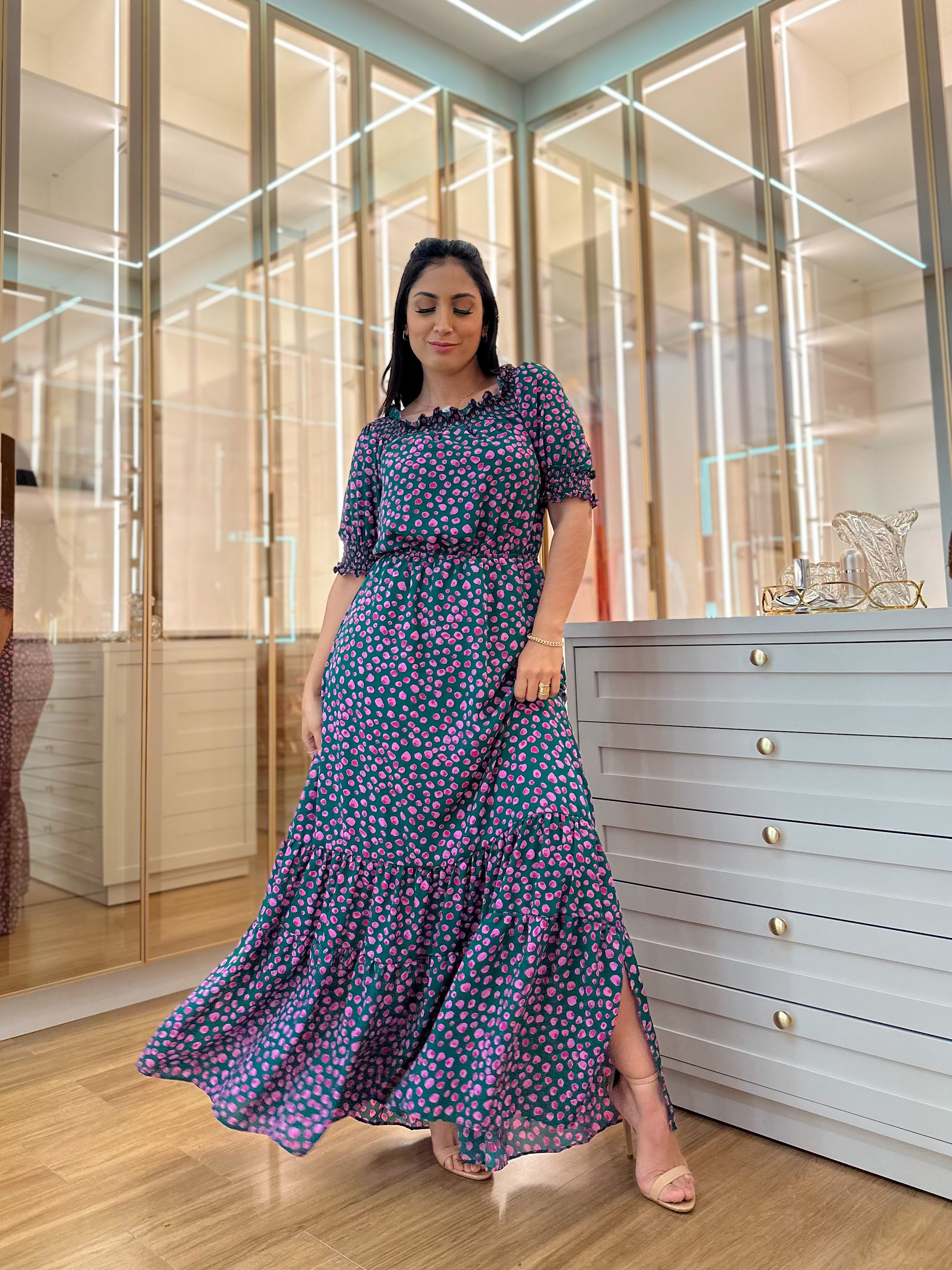 Vestido Júnia Verde e Rosa - Por Katia Vilar Moda Clássica 