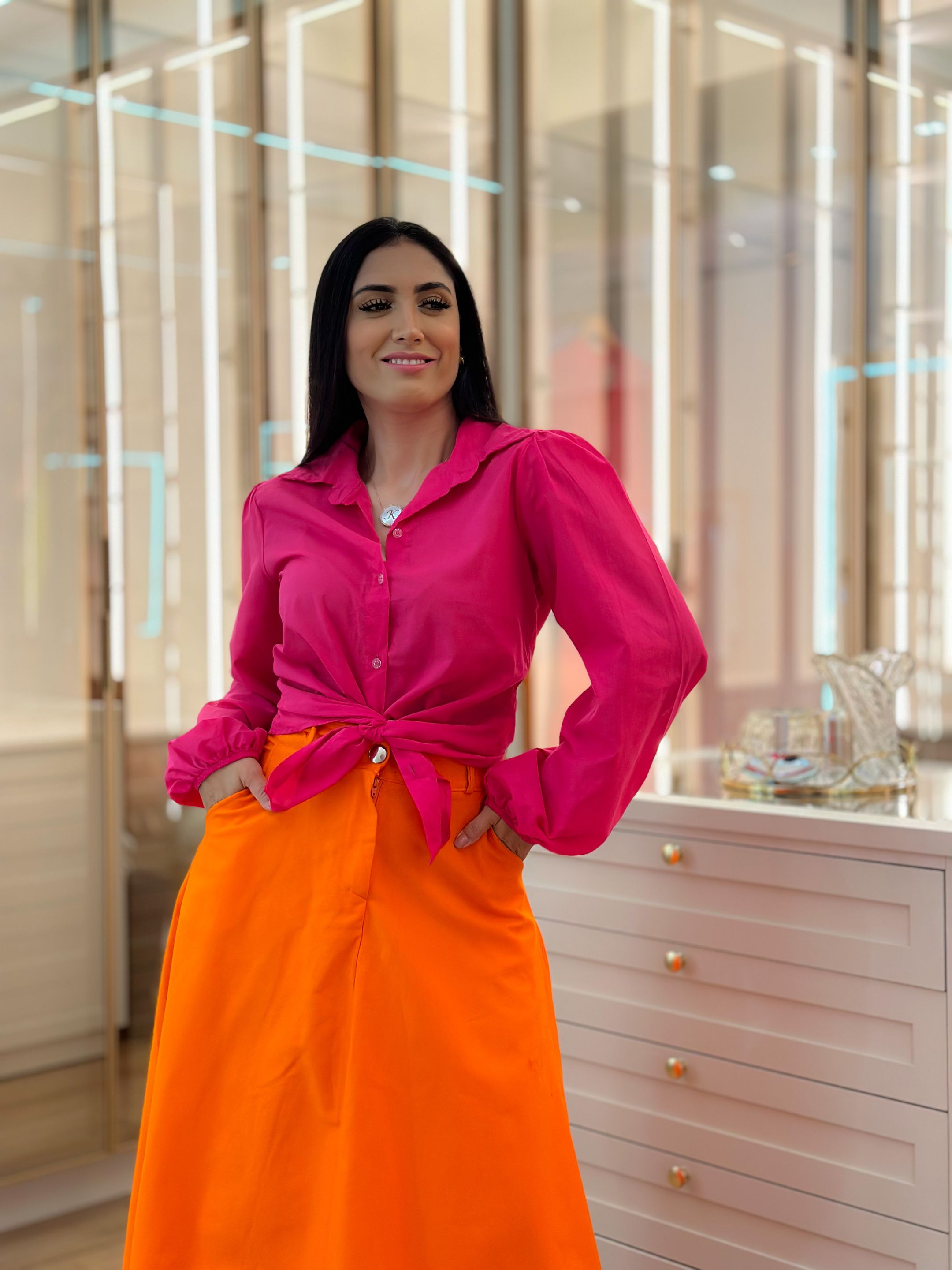 Camisa Social Kenia Rosa Pink - Por Katia Vilar Moda Clássica 