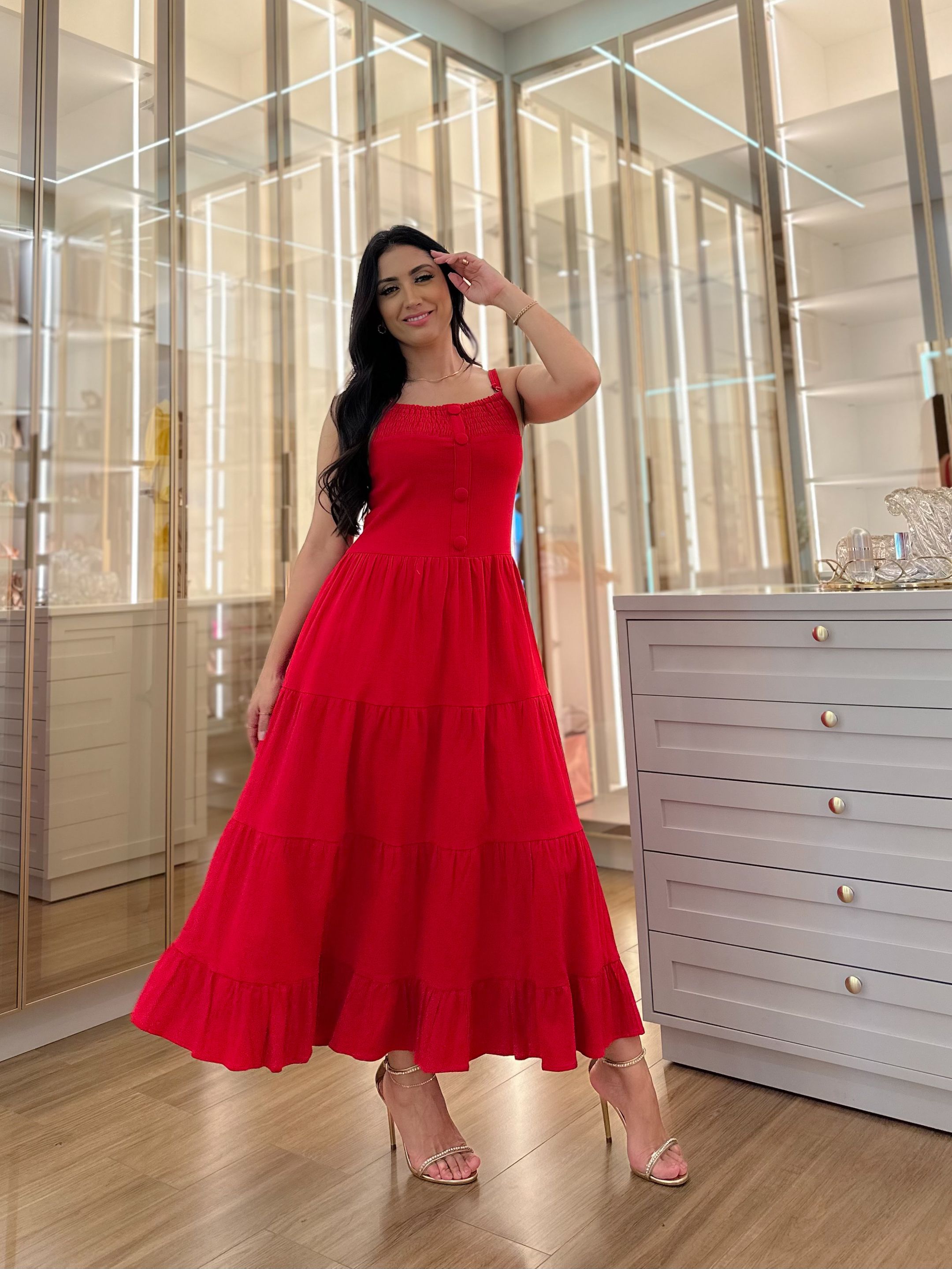 Vestido Nina Linho Vermelho - Por Katia Vilar Moda Clássica 