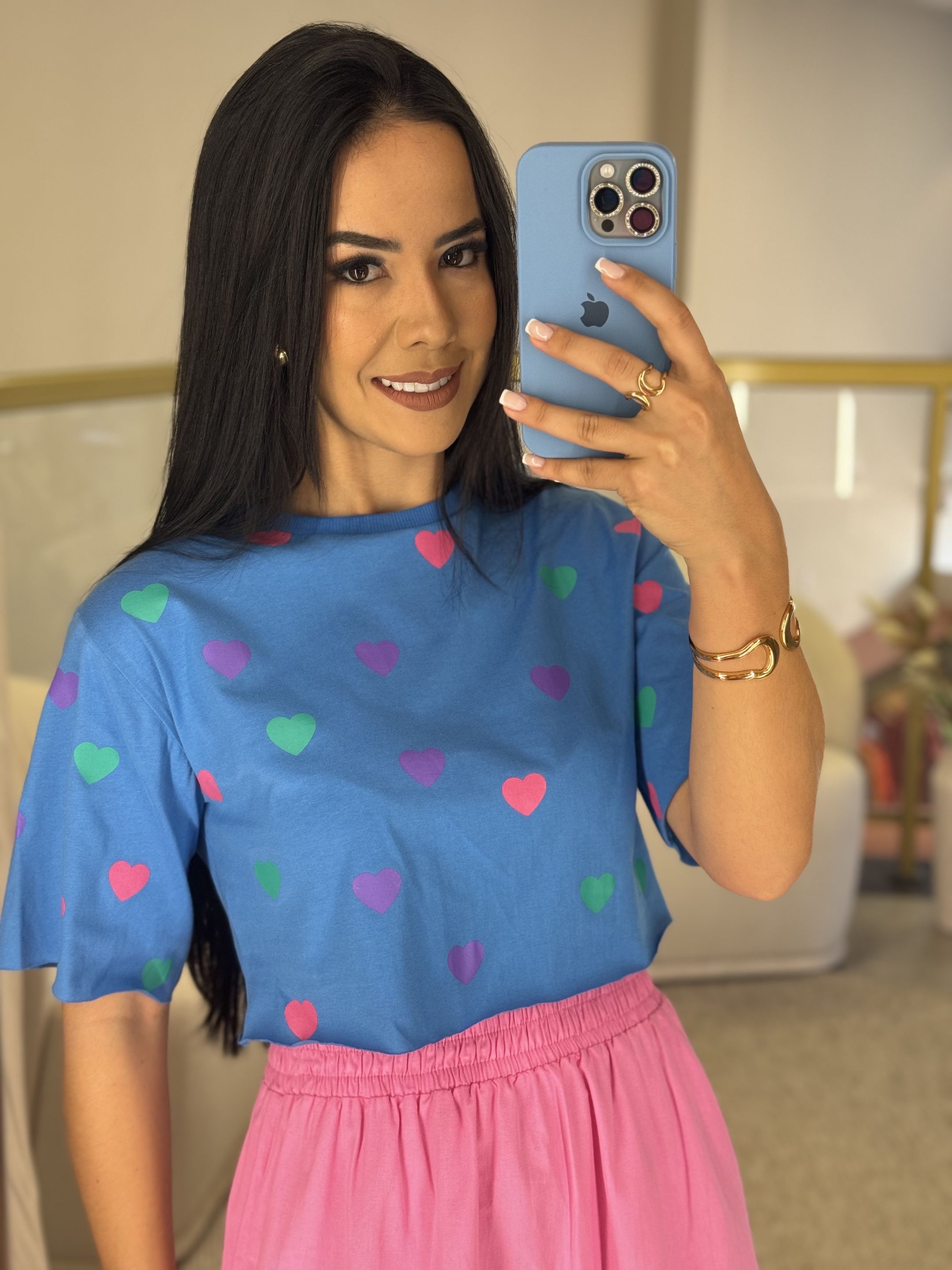 T-shirt Agna Cropped Azul - Por Katia Vilar Moda Clássica 