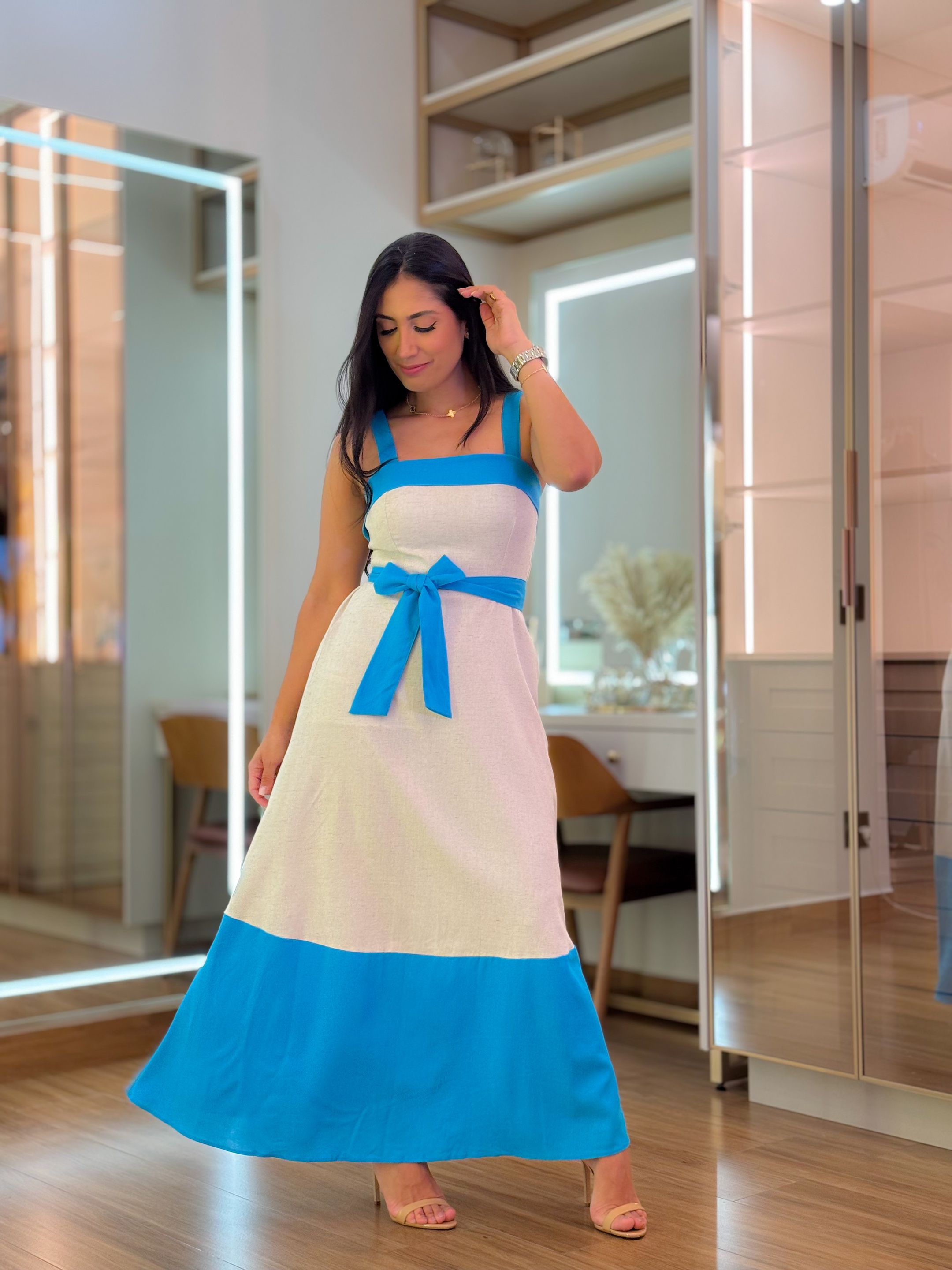Vestido Mia Azul E Areia