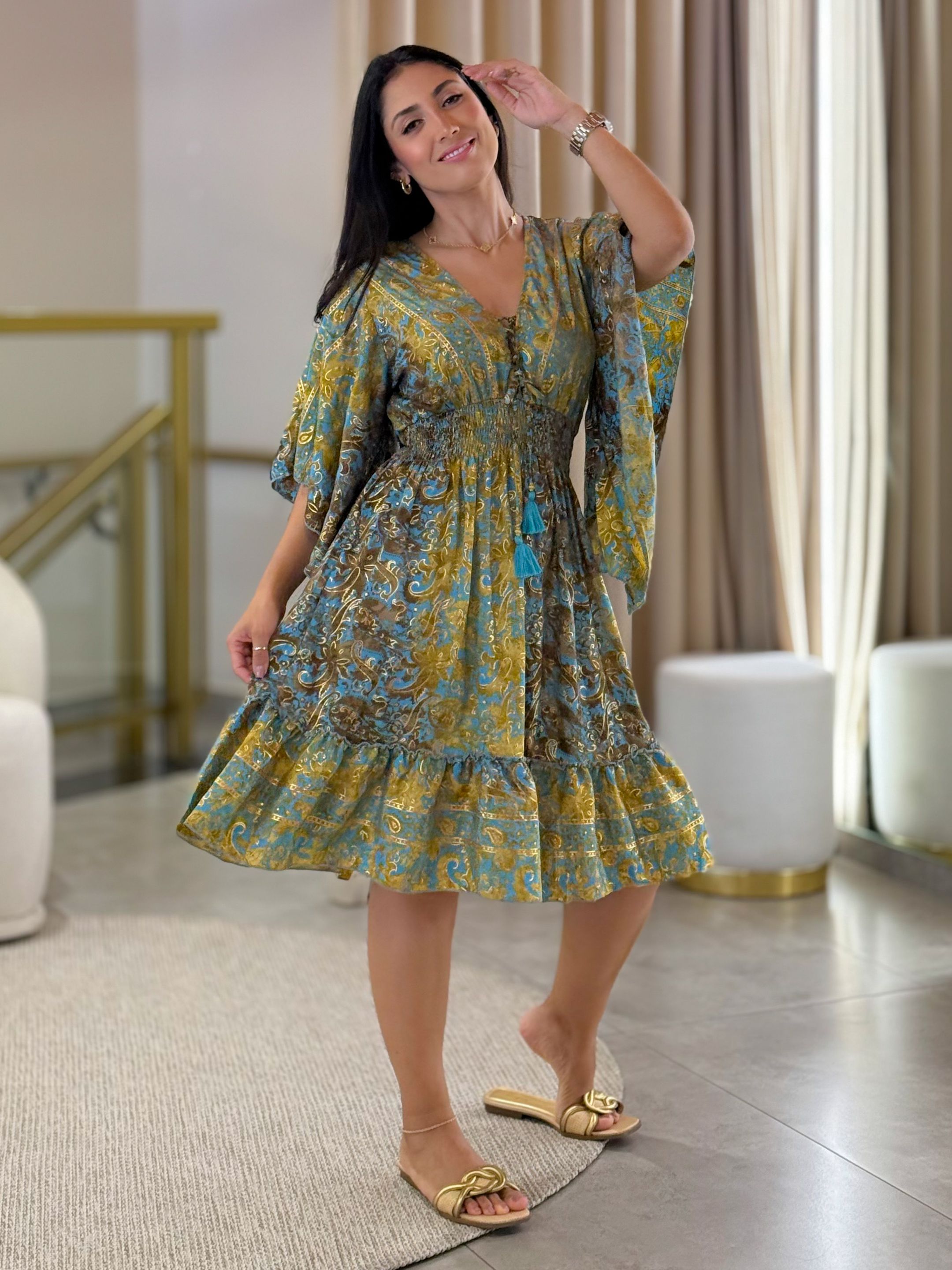 Vestido Maia Estampado Marrom E Azul - Por Katia Vilar Moda Clássica 