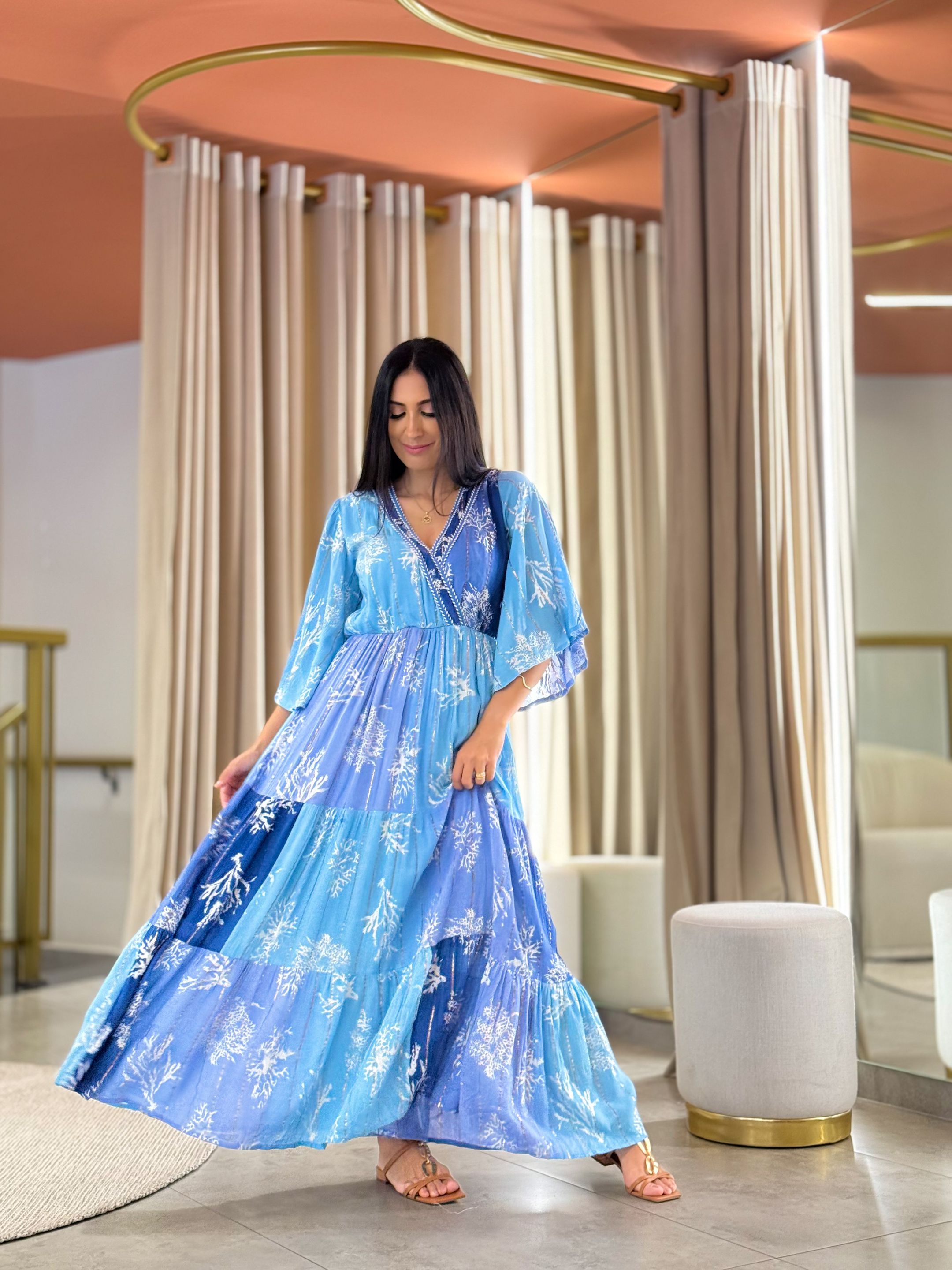 Vestido Eduarda Azul E Dourado