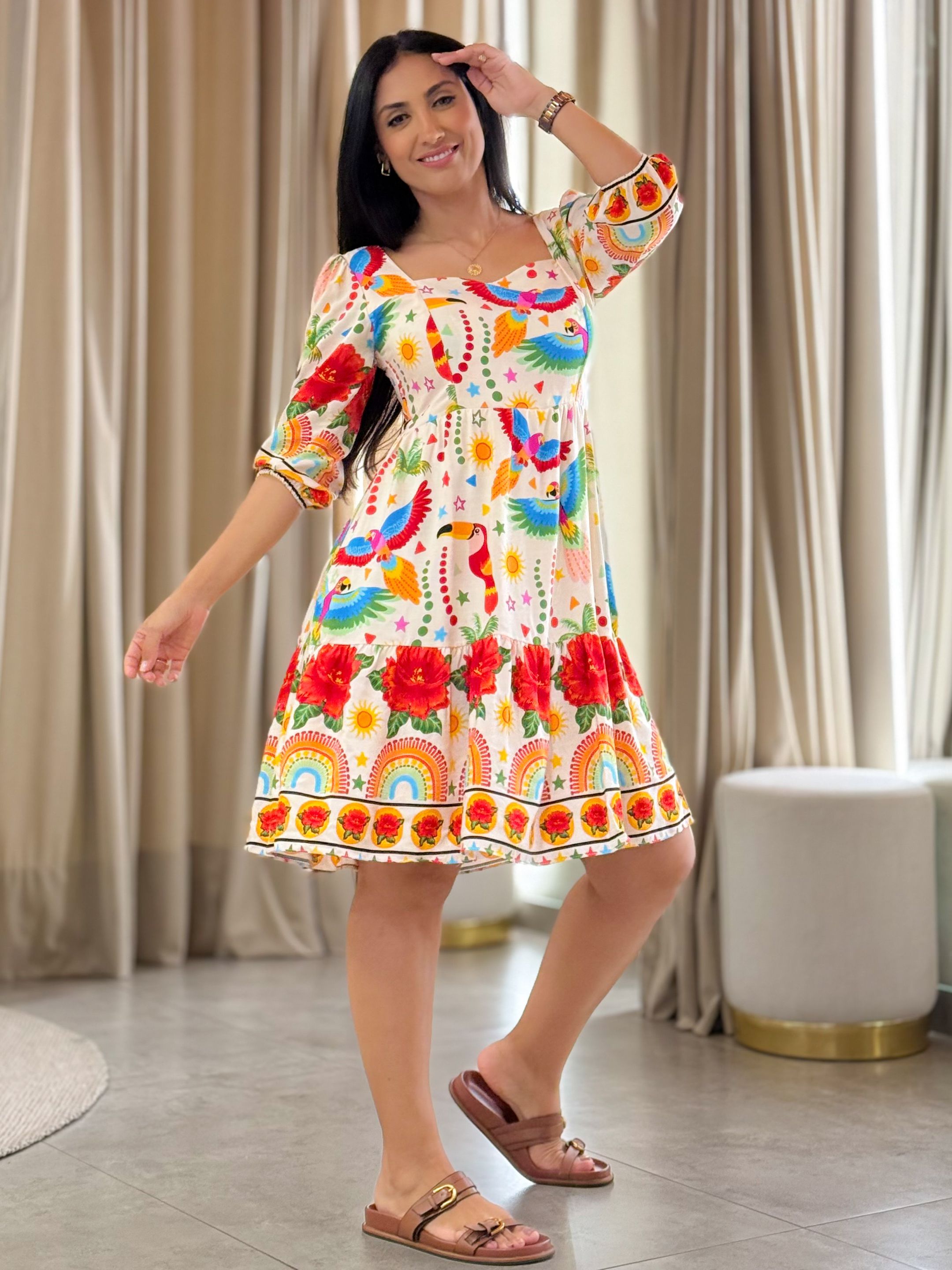 Vestido Marina Estampado Arara Off White E Vermelho