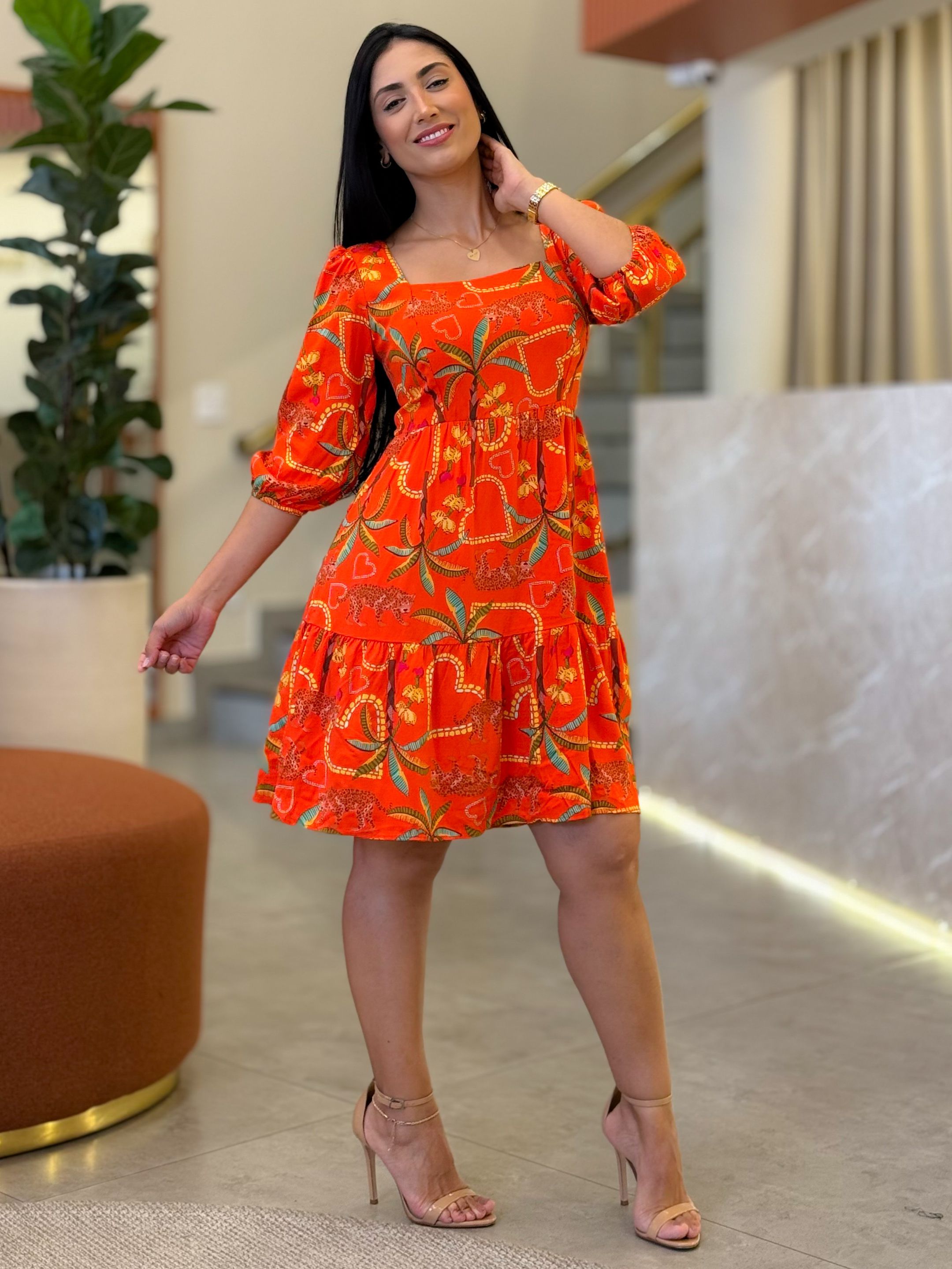 Vestido Marina Estampado Onça Laranja