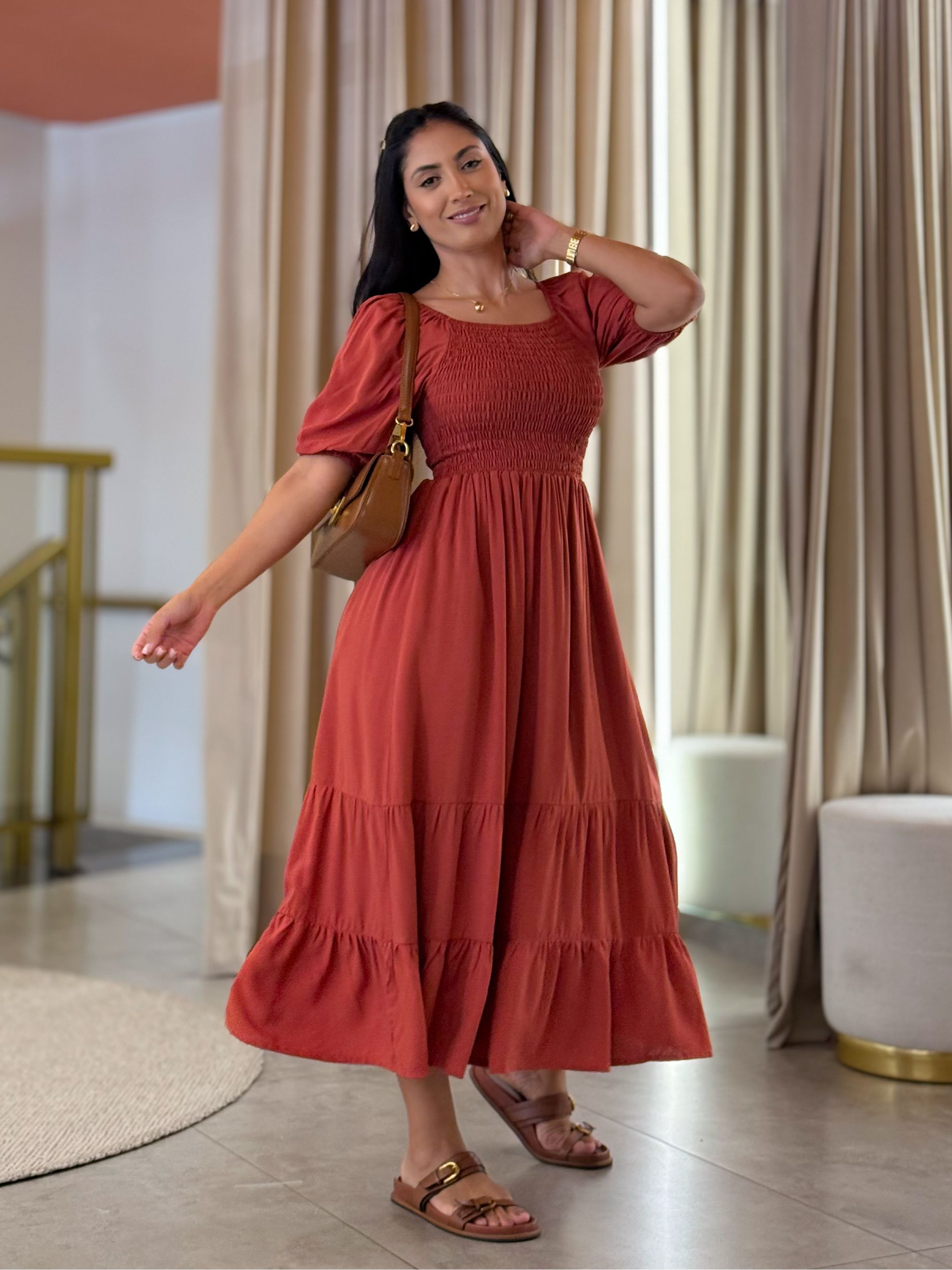 Vestido Flor Liso Terracota