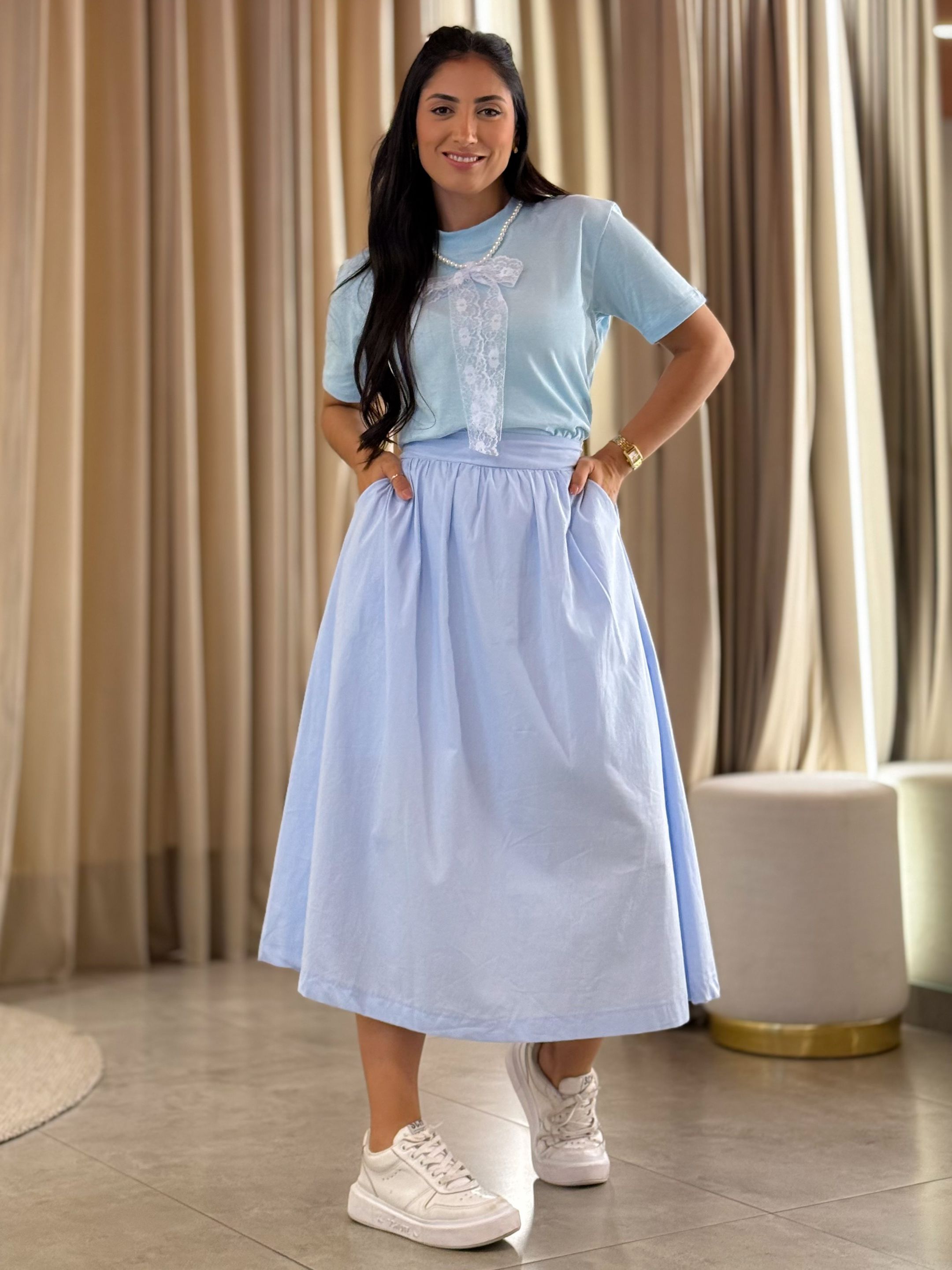Saia Jade Azul Bebe - Por Katia Vilar Moda Clássica 