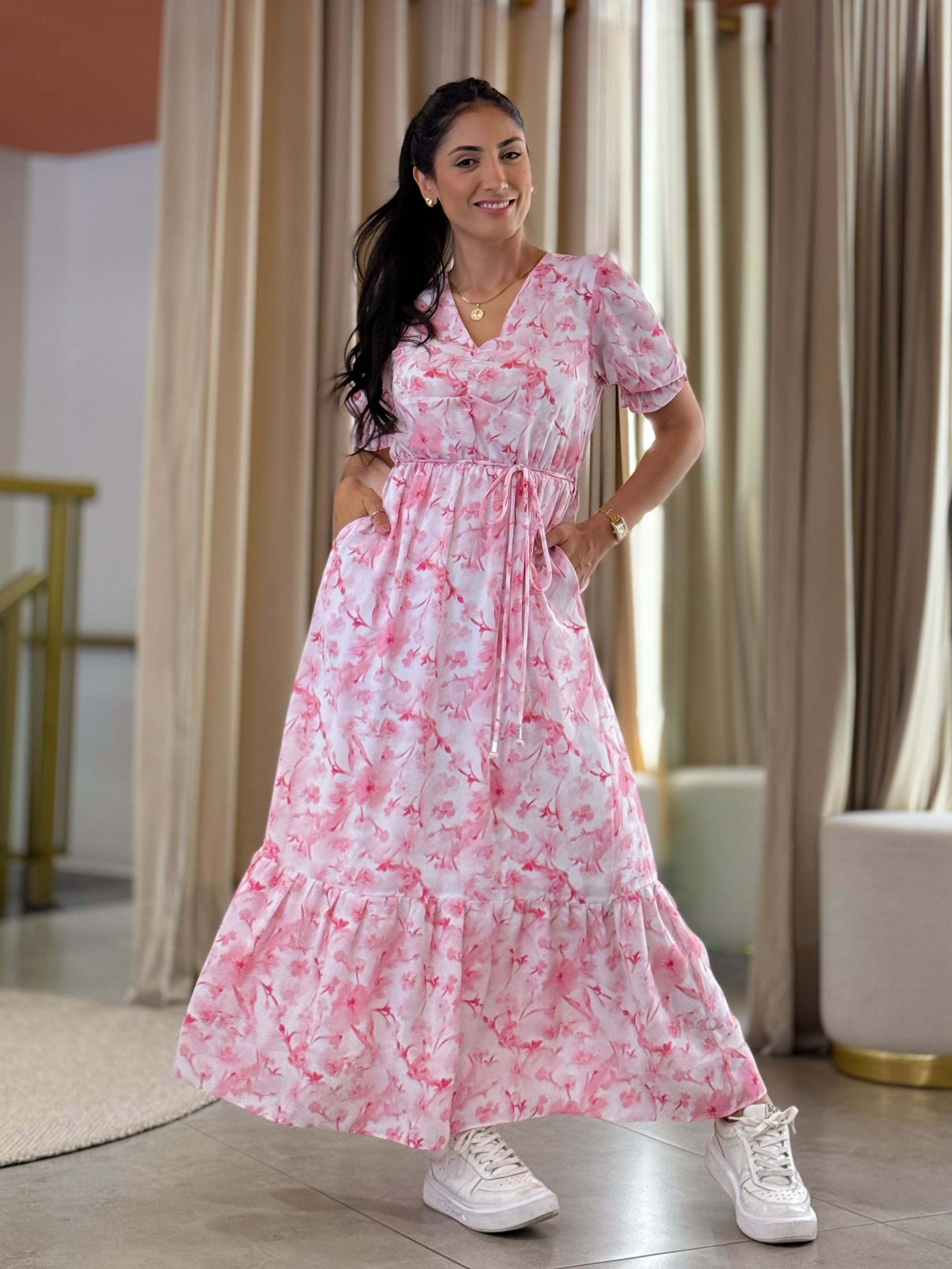 Vestido Flaviane Rosa Floral - Por Katia Vilar Moda Clássica 