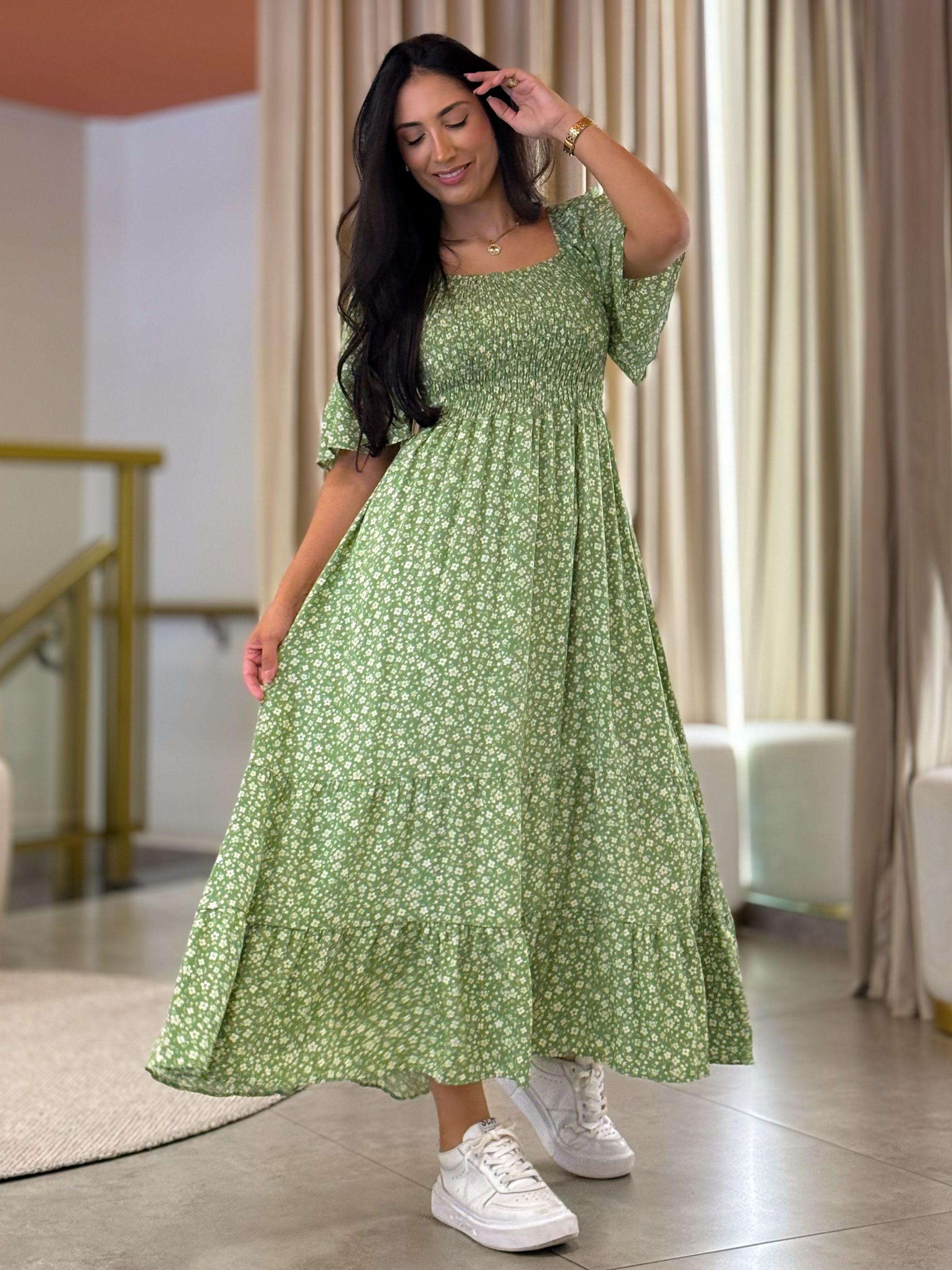 Vestido Maria Flor Verde E Branco