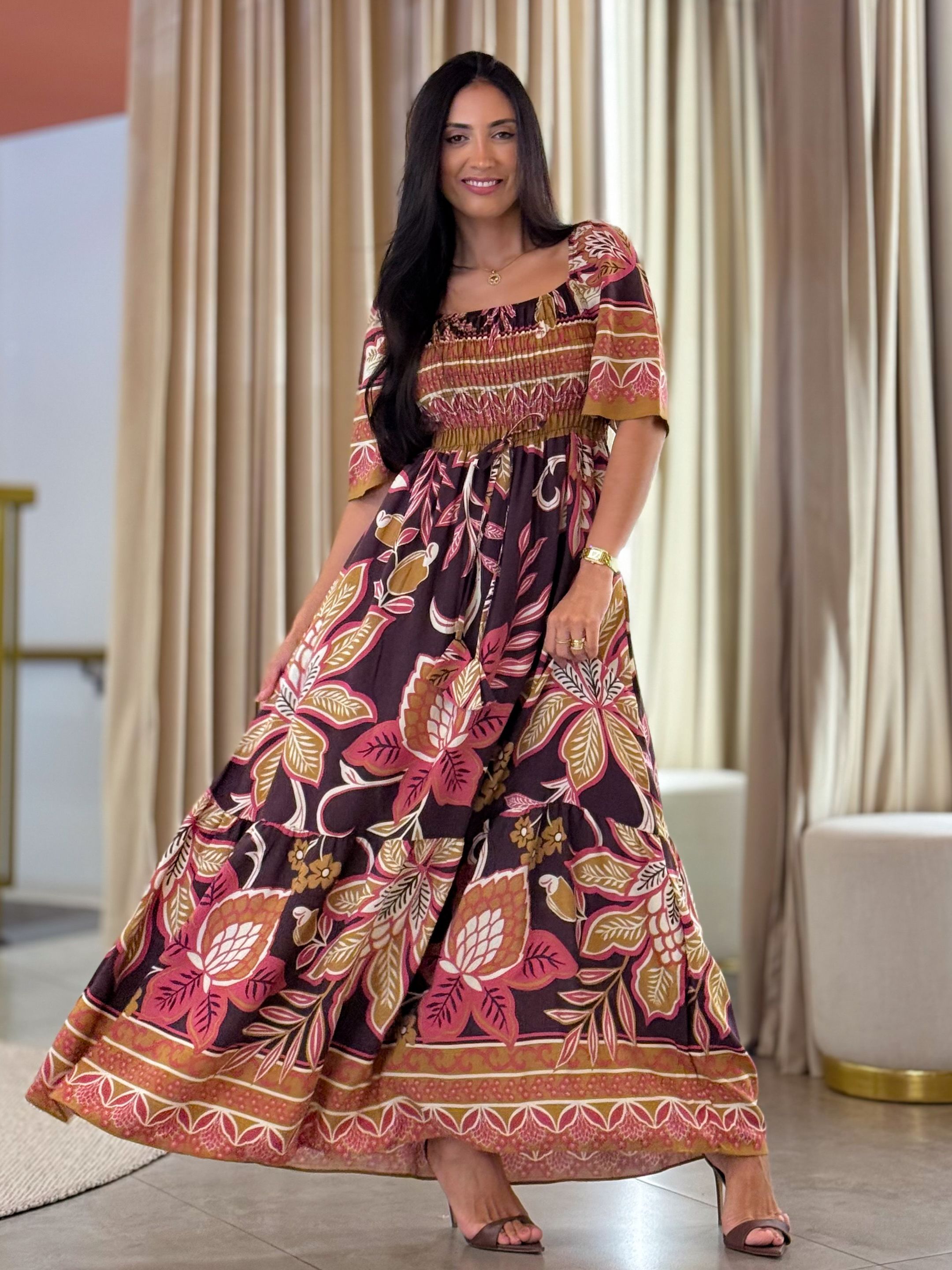 Vestido Paloma Marsala E Caramelo Floral