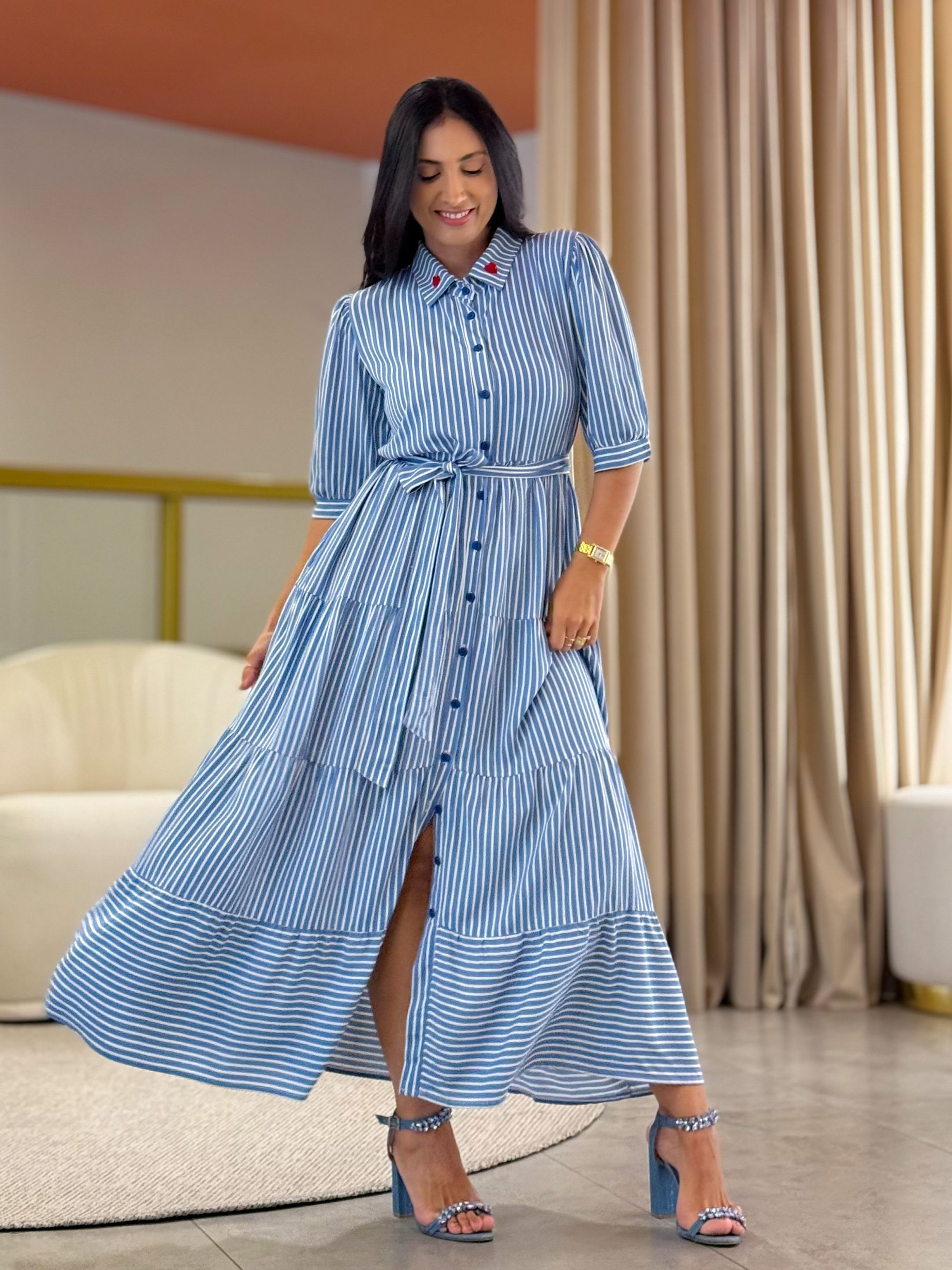 Vestido Laisa Azul E Branco