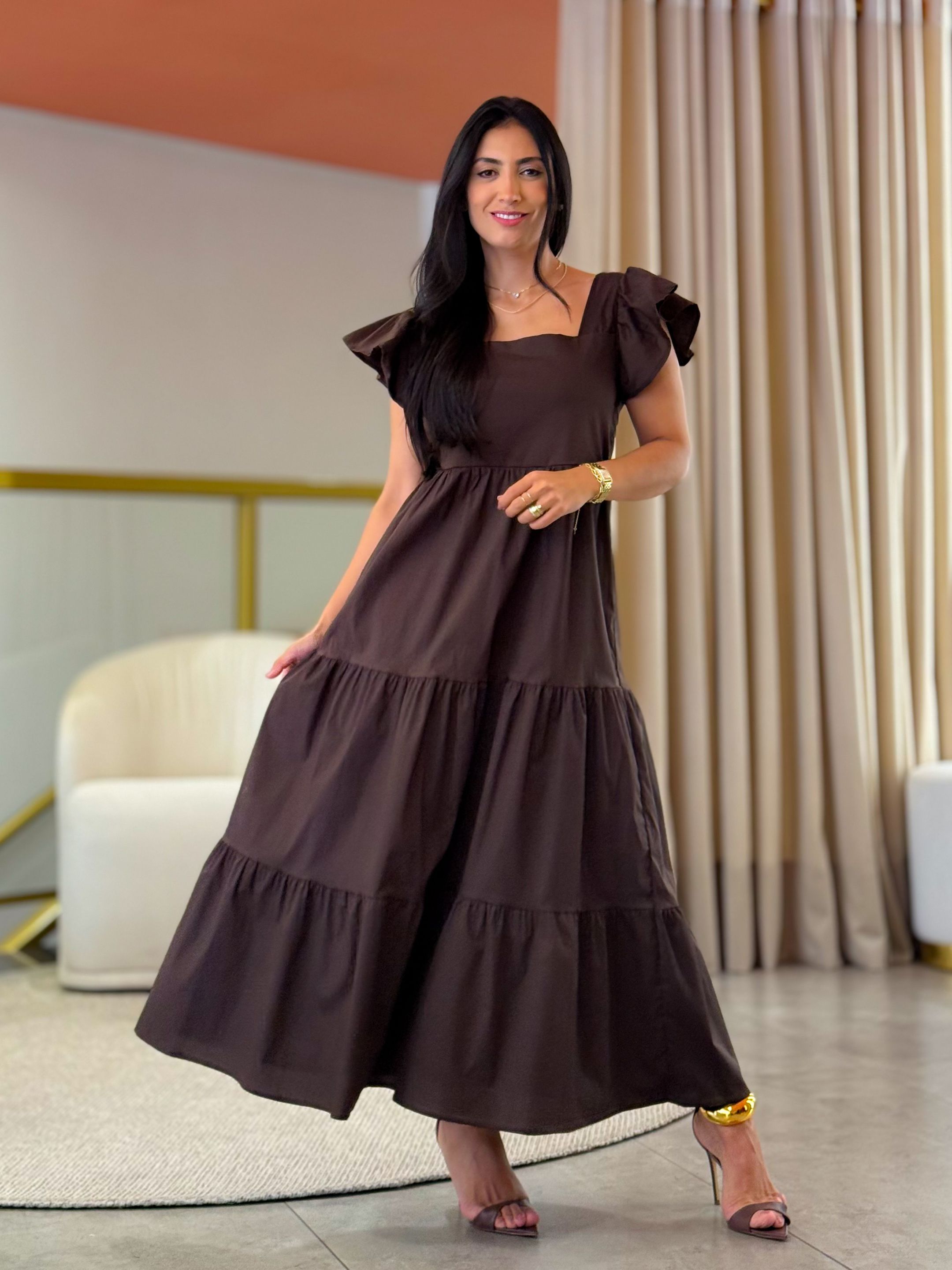 Vestido Andressa Marrom - Por Katia Vilar Moda Clássica 