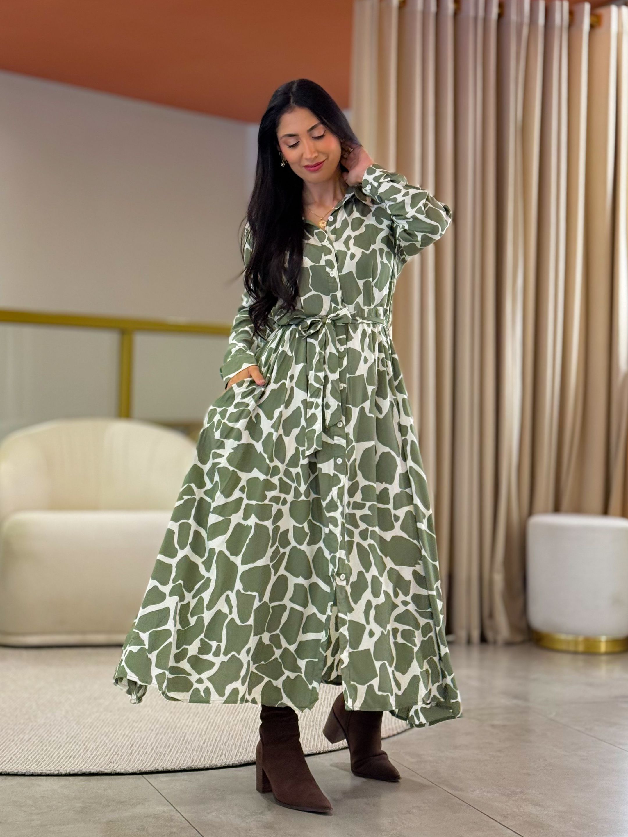 Vestido Carmem Verde Oliva E Off White
