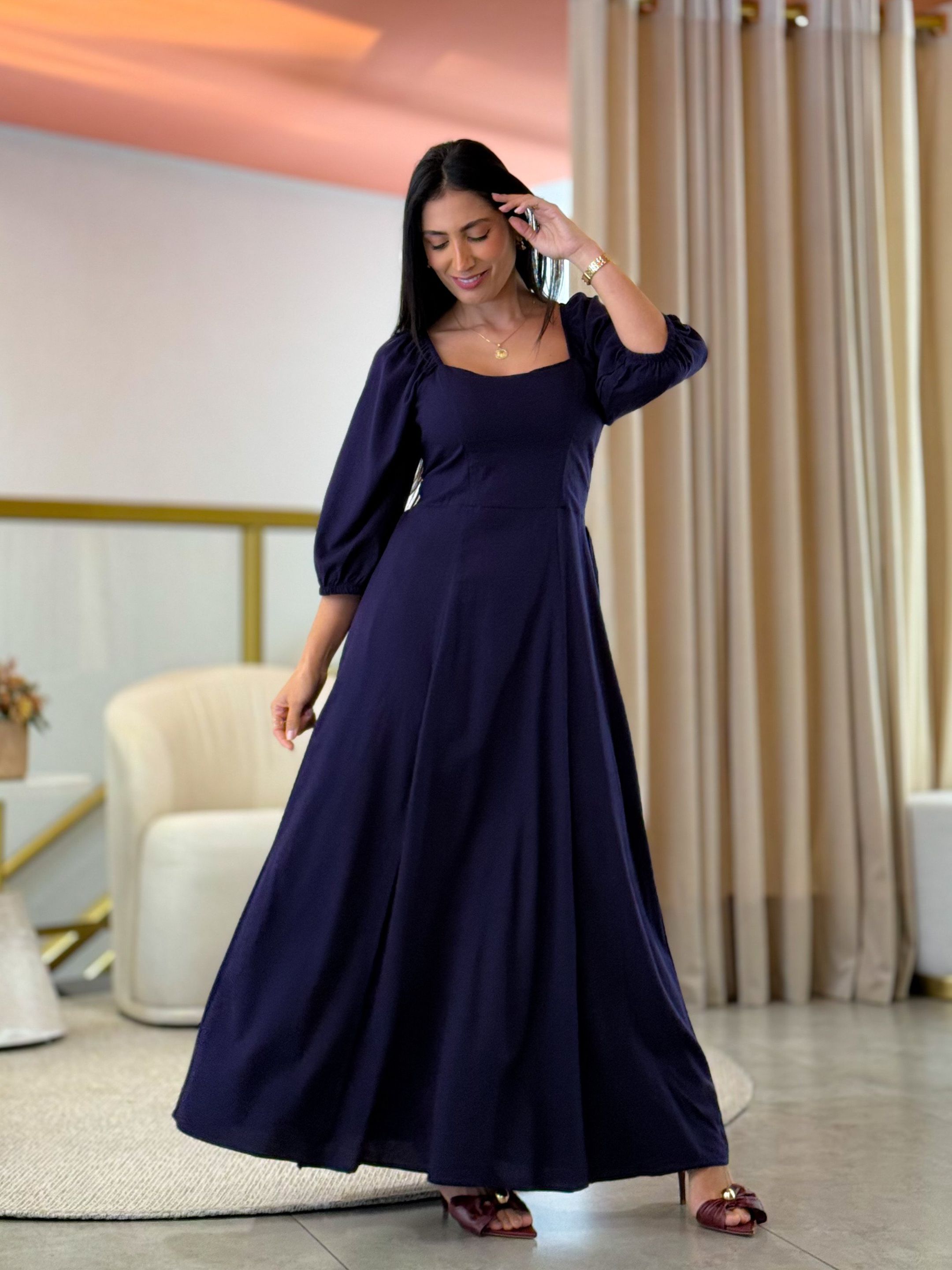 Vestido Simara Azul Marinho - Por Katia Vilar Moda Clássica 