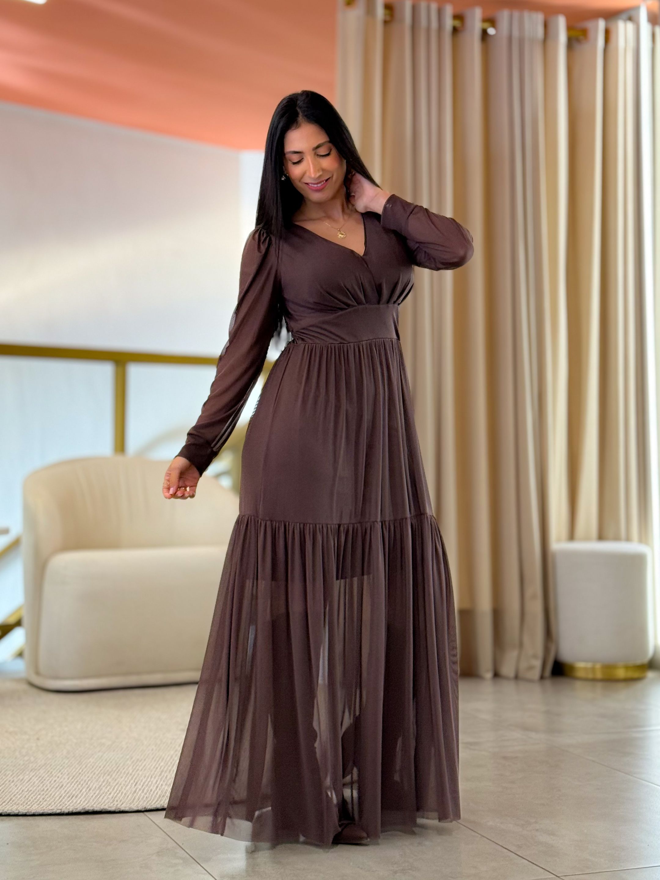Vestido Rosana Café - Por Katia Vilar Moda Clássica 
