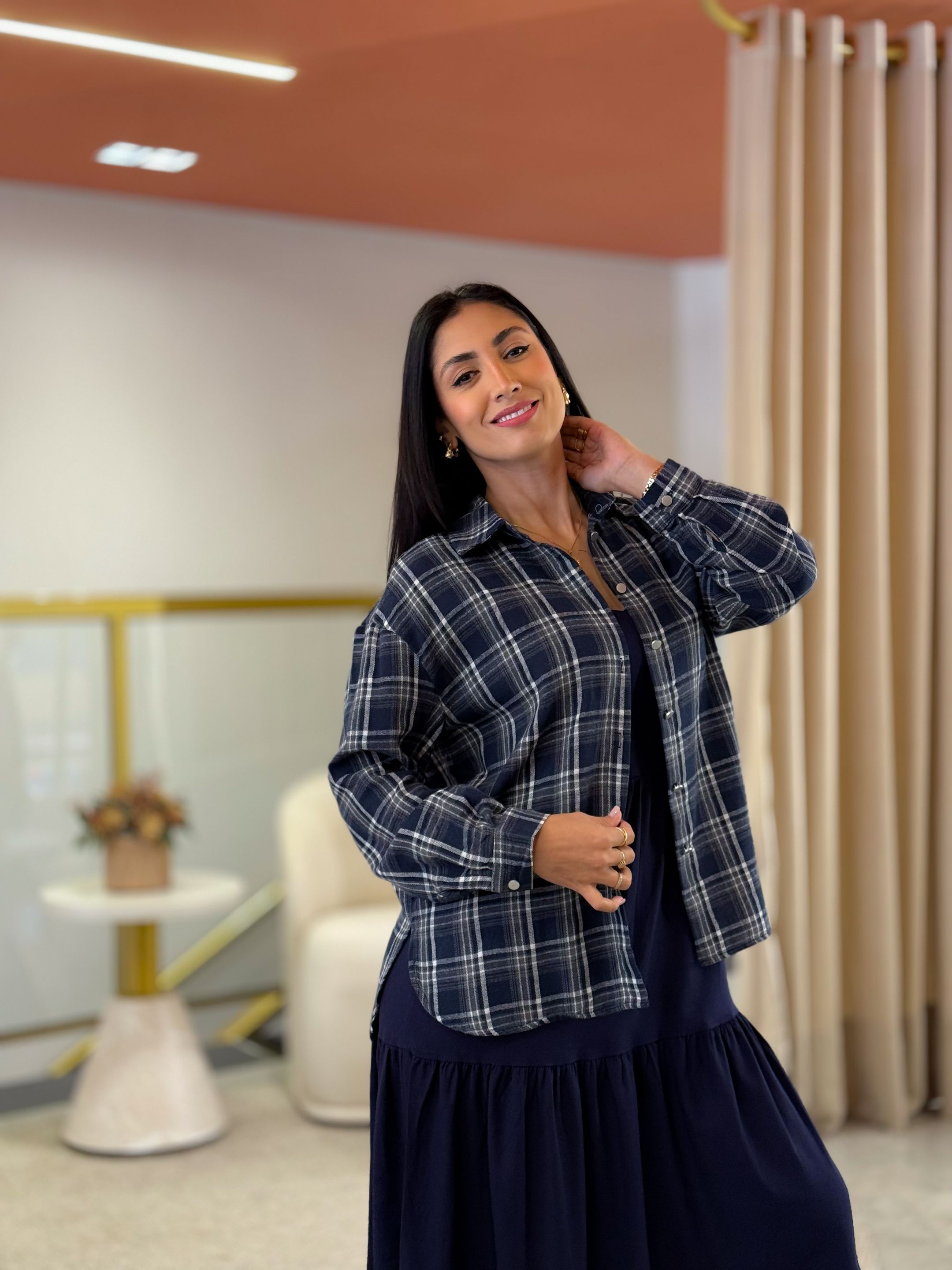 Camisa Babi Xadrez Azul - Por Katia Vilar Moda Clássica 