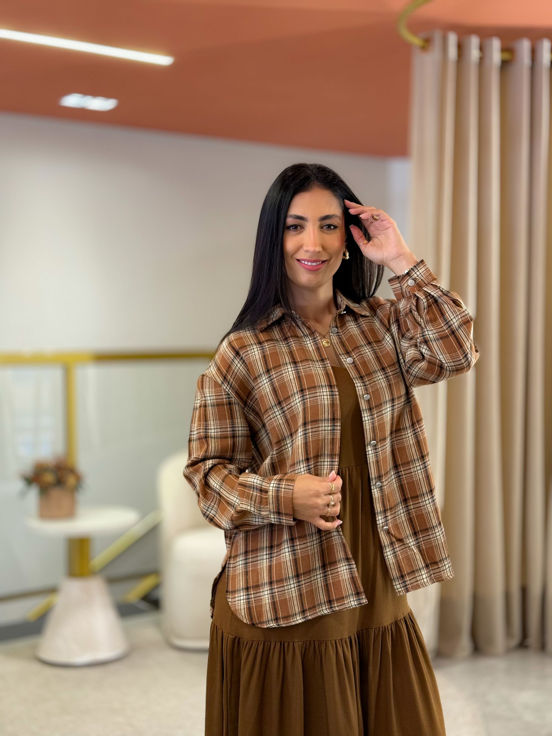 Camisa Babi Xadrez Caramelo - Por Katia Vilar Moda Clássica 