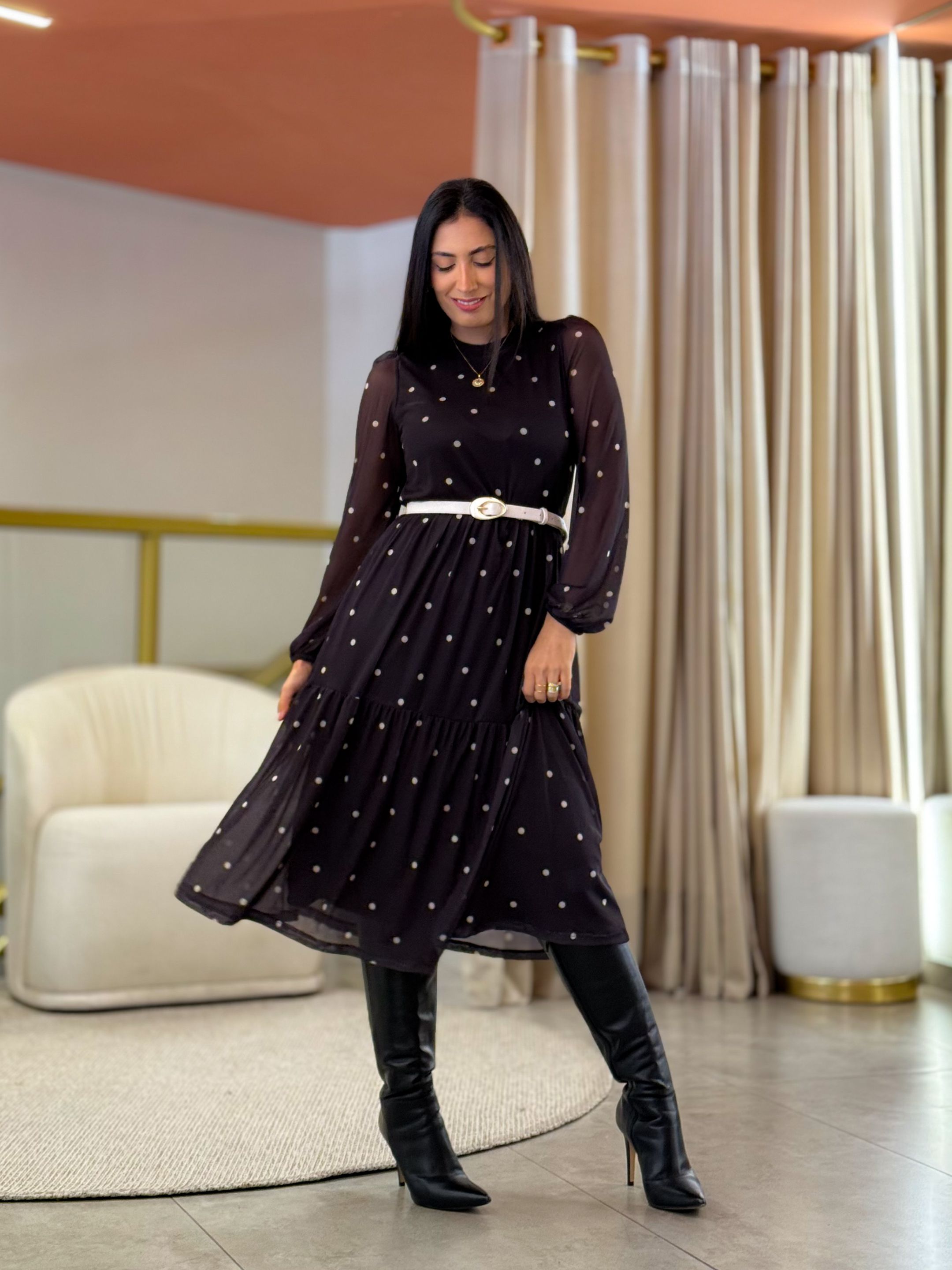 Vestido Maia Poá Preto E Branco - Por Katia Vilar Moda Clássica 