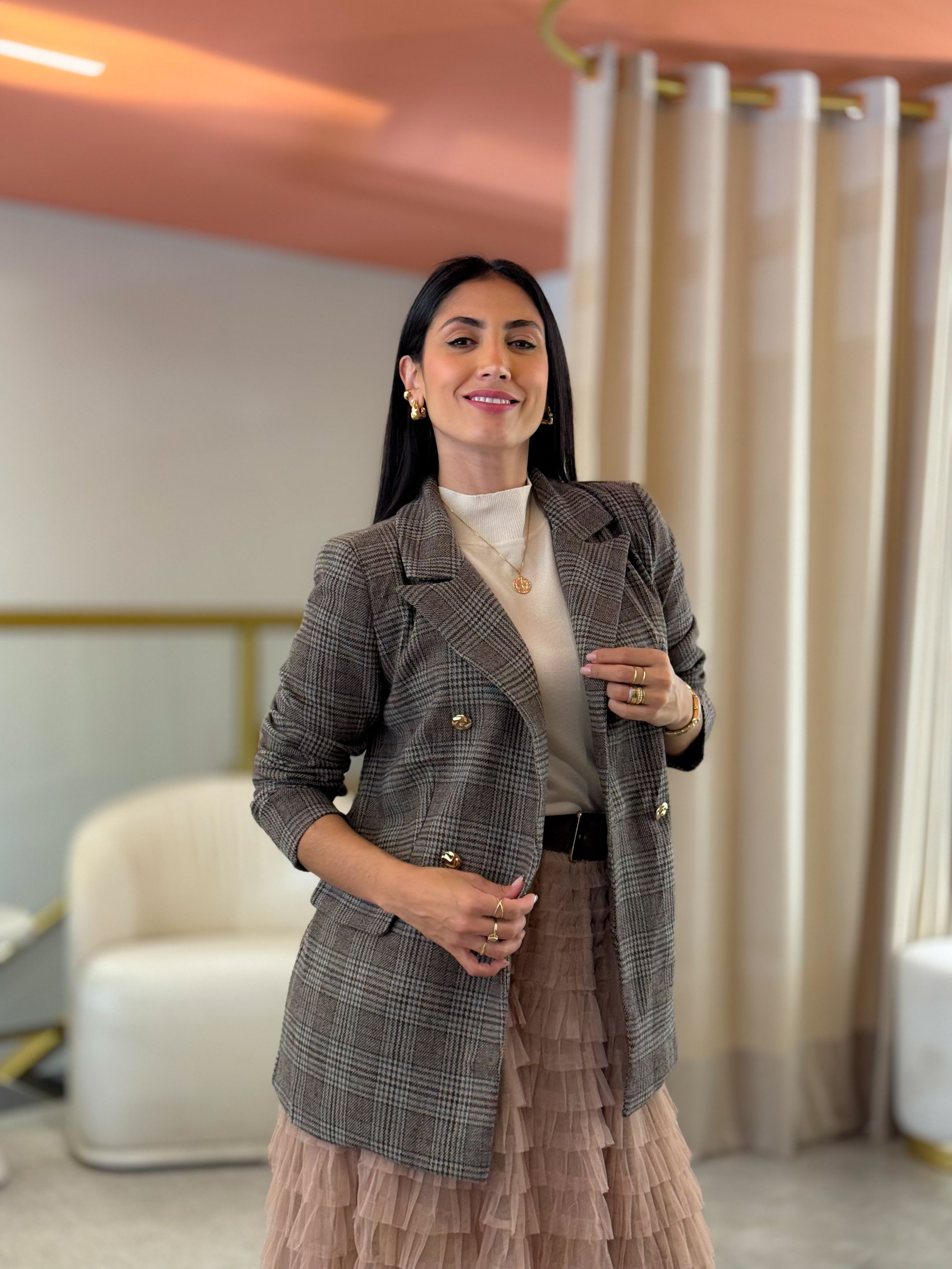 Blazer Rebeca Xadrez Marrom - Por Katia Vilar Moda Clássica 