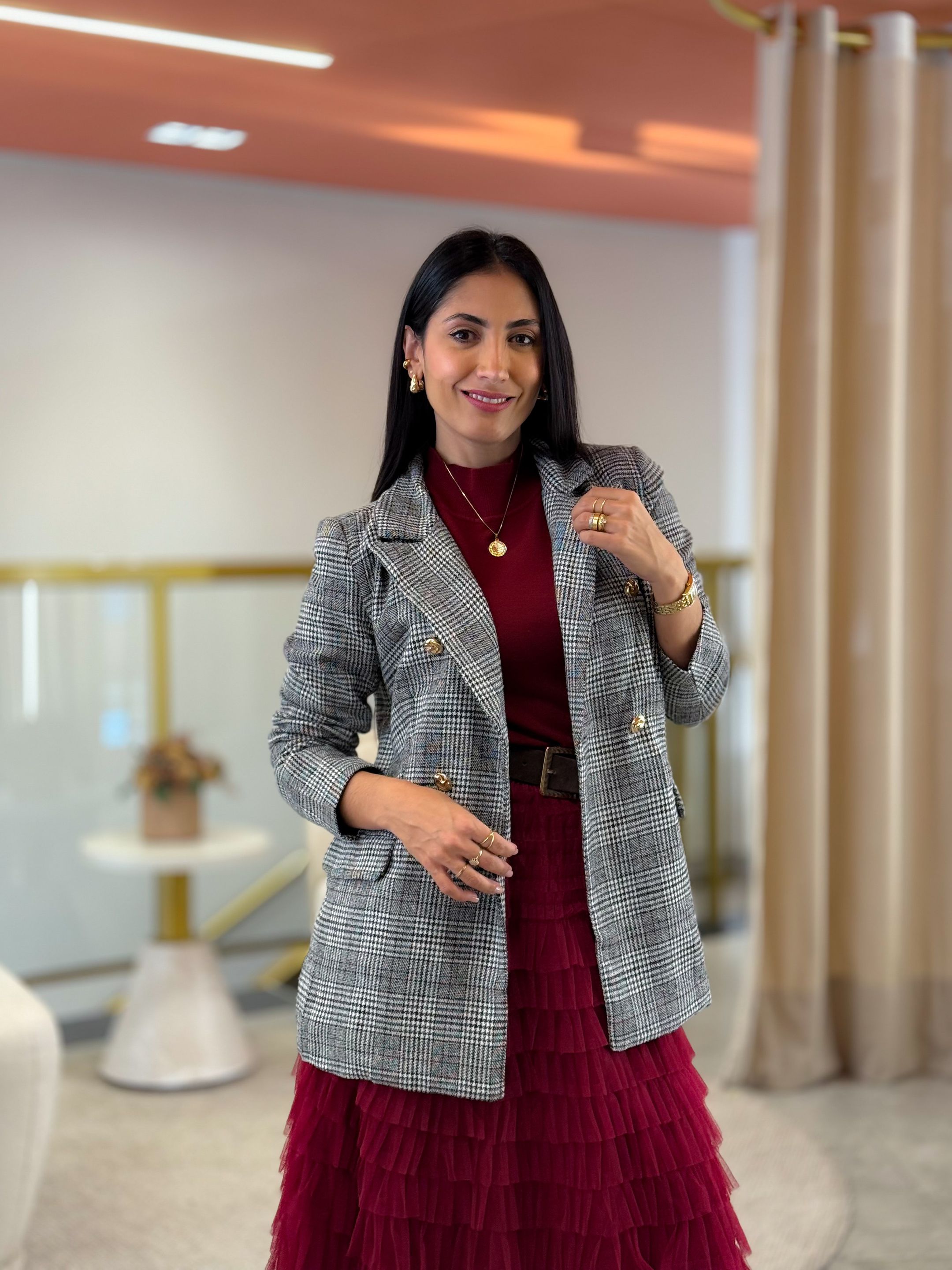 Blazer Rebeca Xadrez Preto - Por Katia Vilar Moda Clássica 