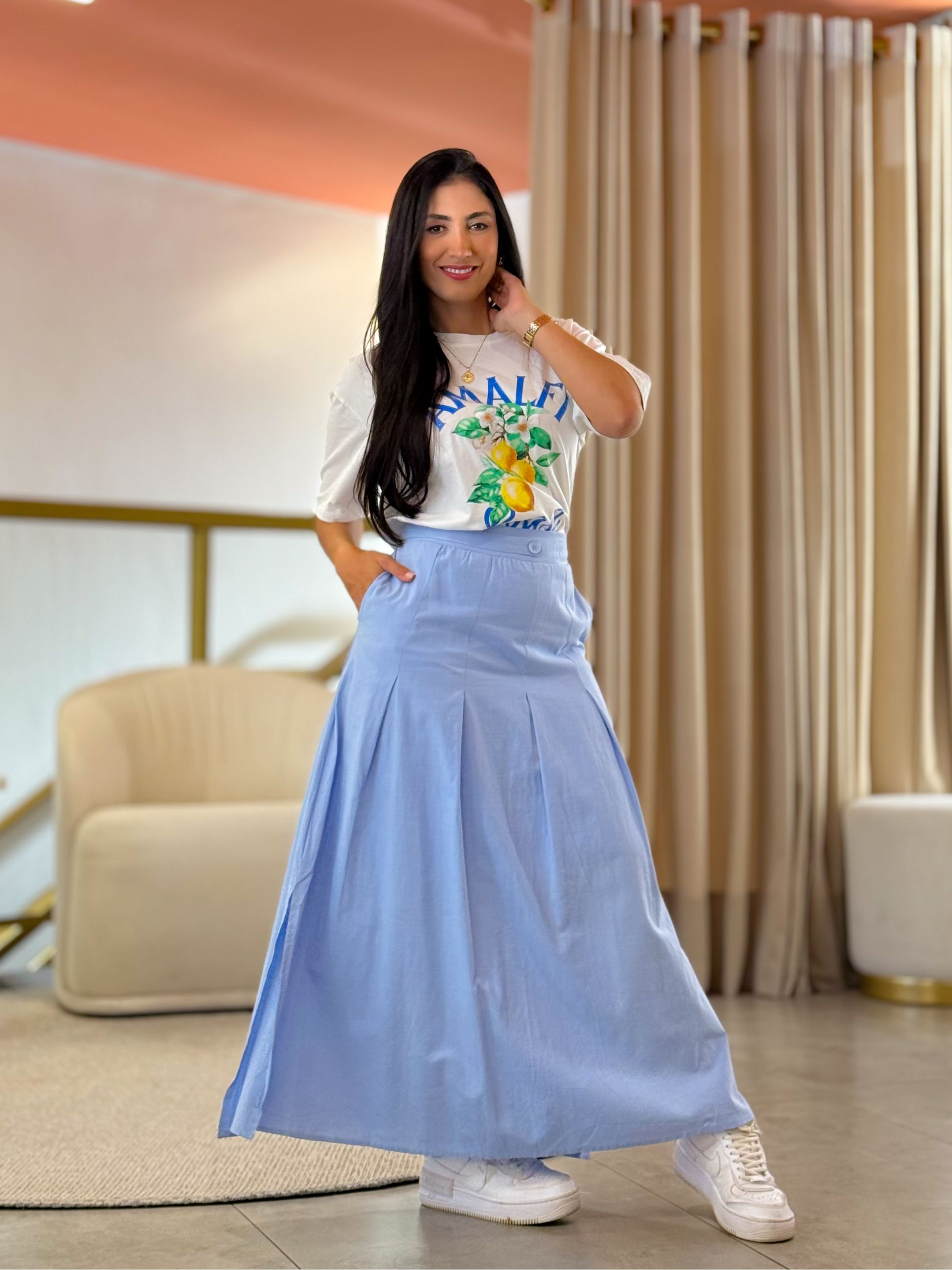 Saia Beatriz Azul Bebe - Por Katia Vilar Moda Clássica 