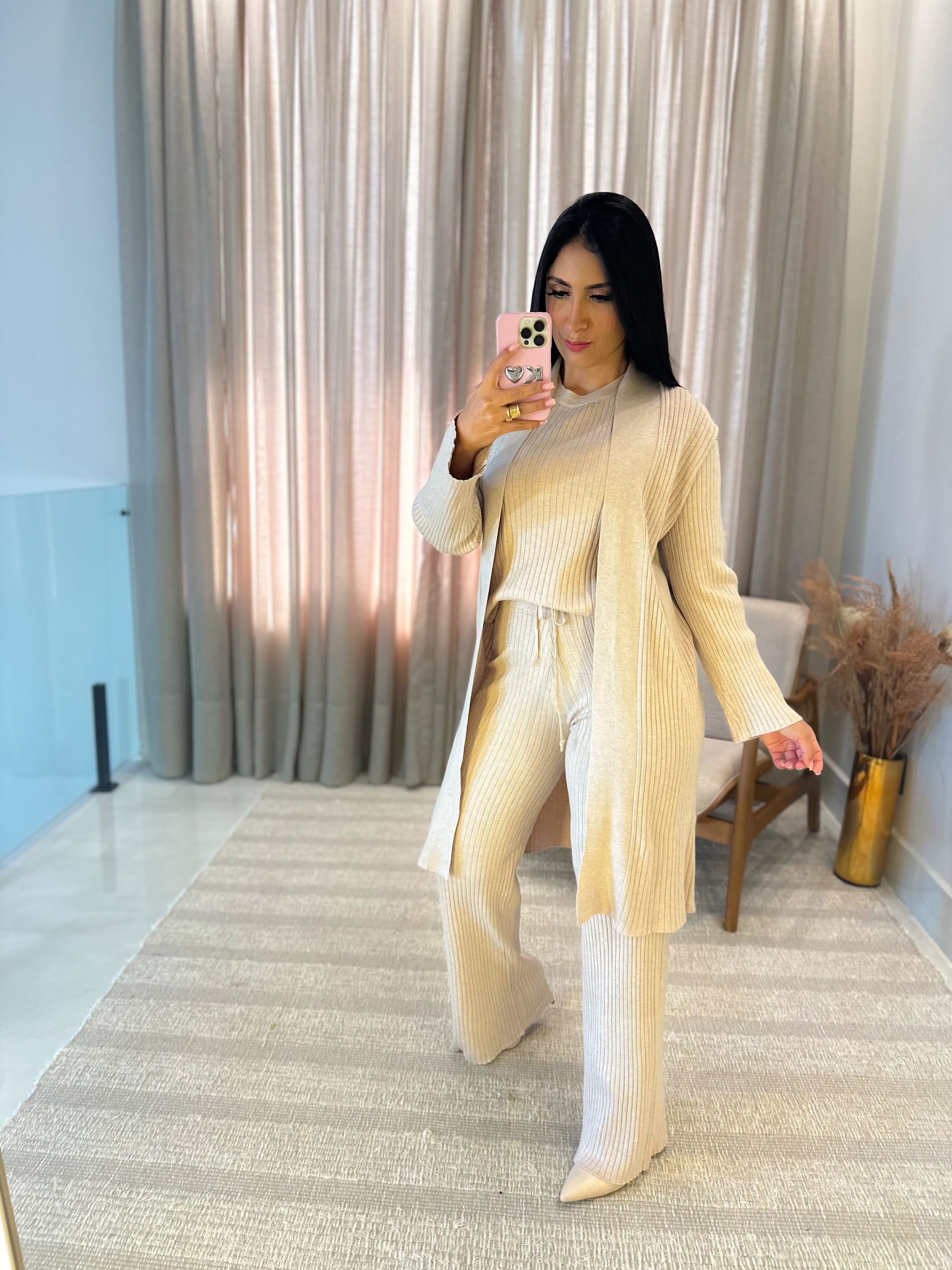 Conjunto Valentina Tricot 3 Peças Creme