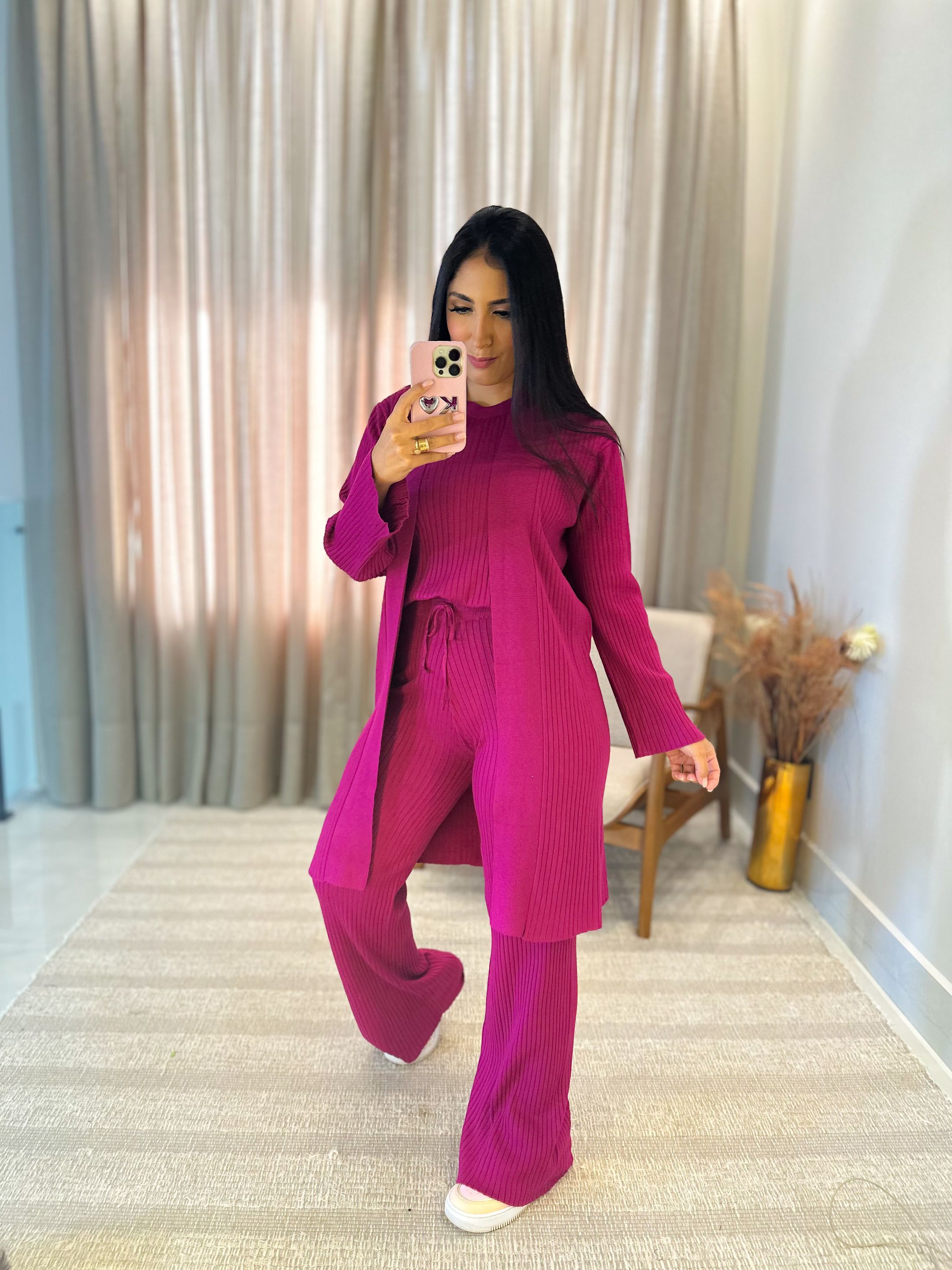 Conjunto Valentina Tricot Fúcsia 3 Peças 