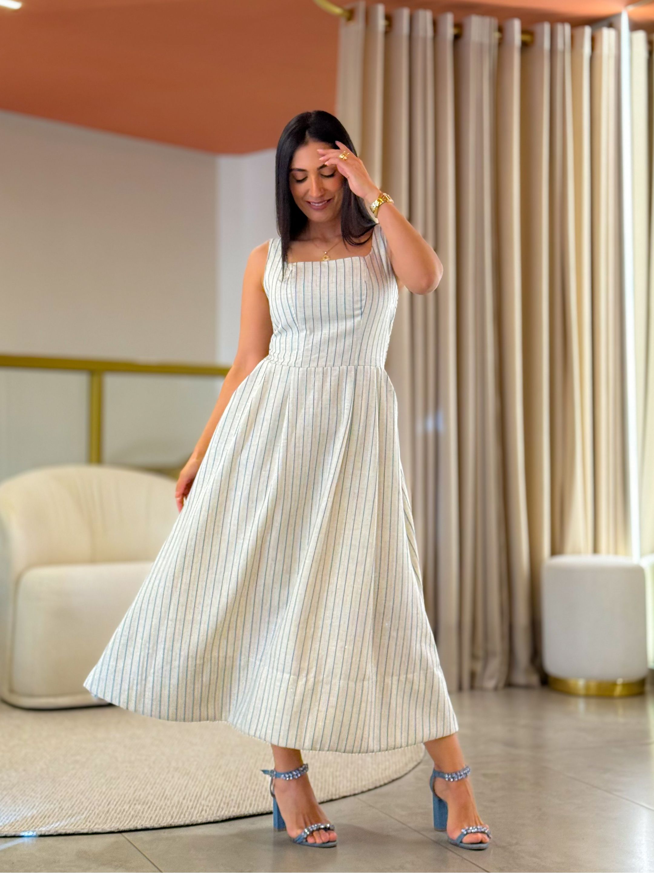 Vestido Vivian Areia E Azul