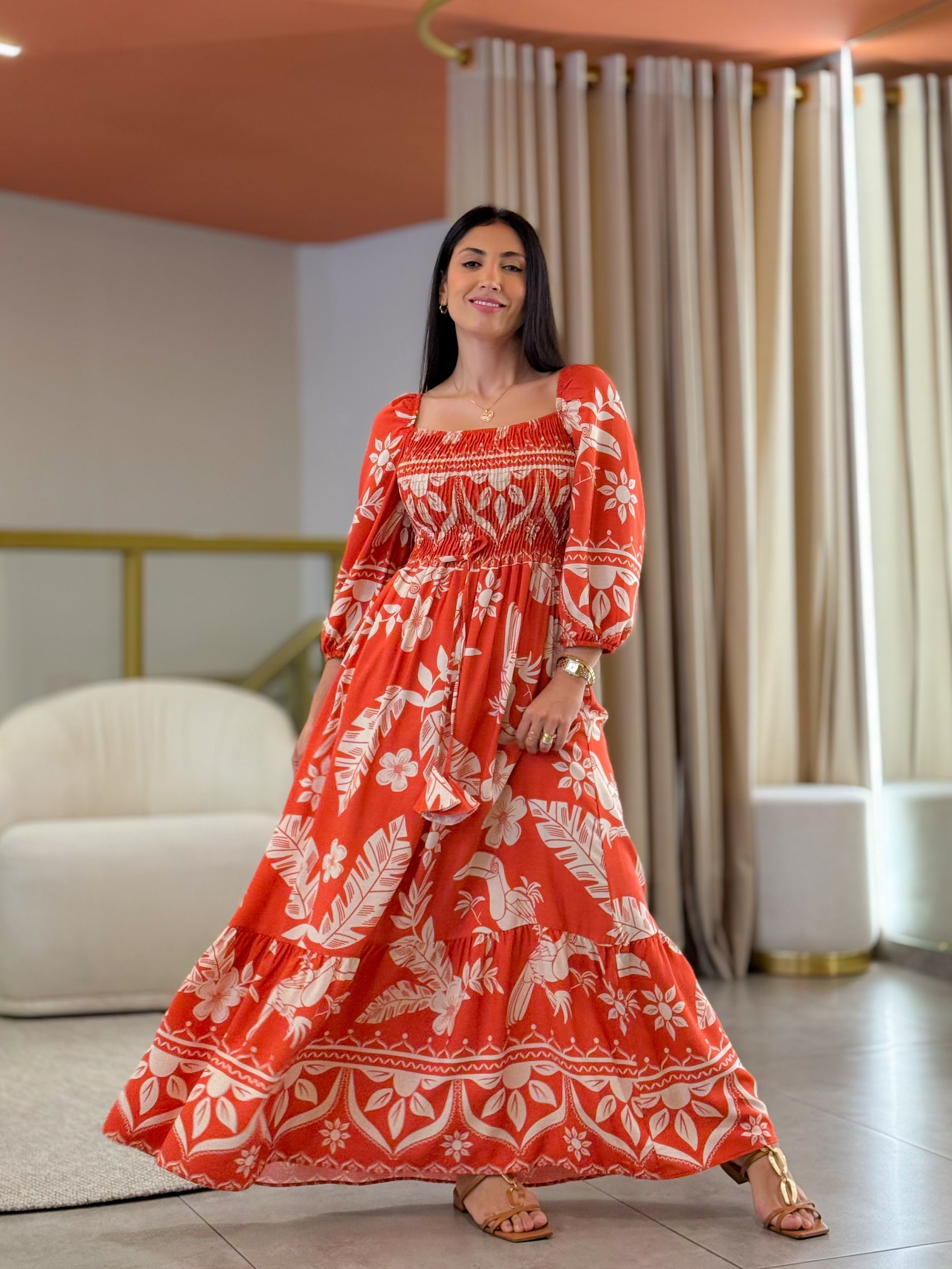 Vestido Paloma Floral Terracota E Branco