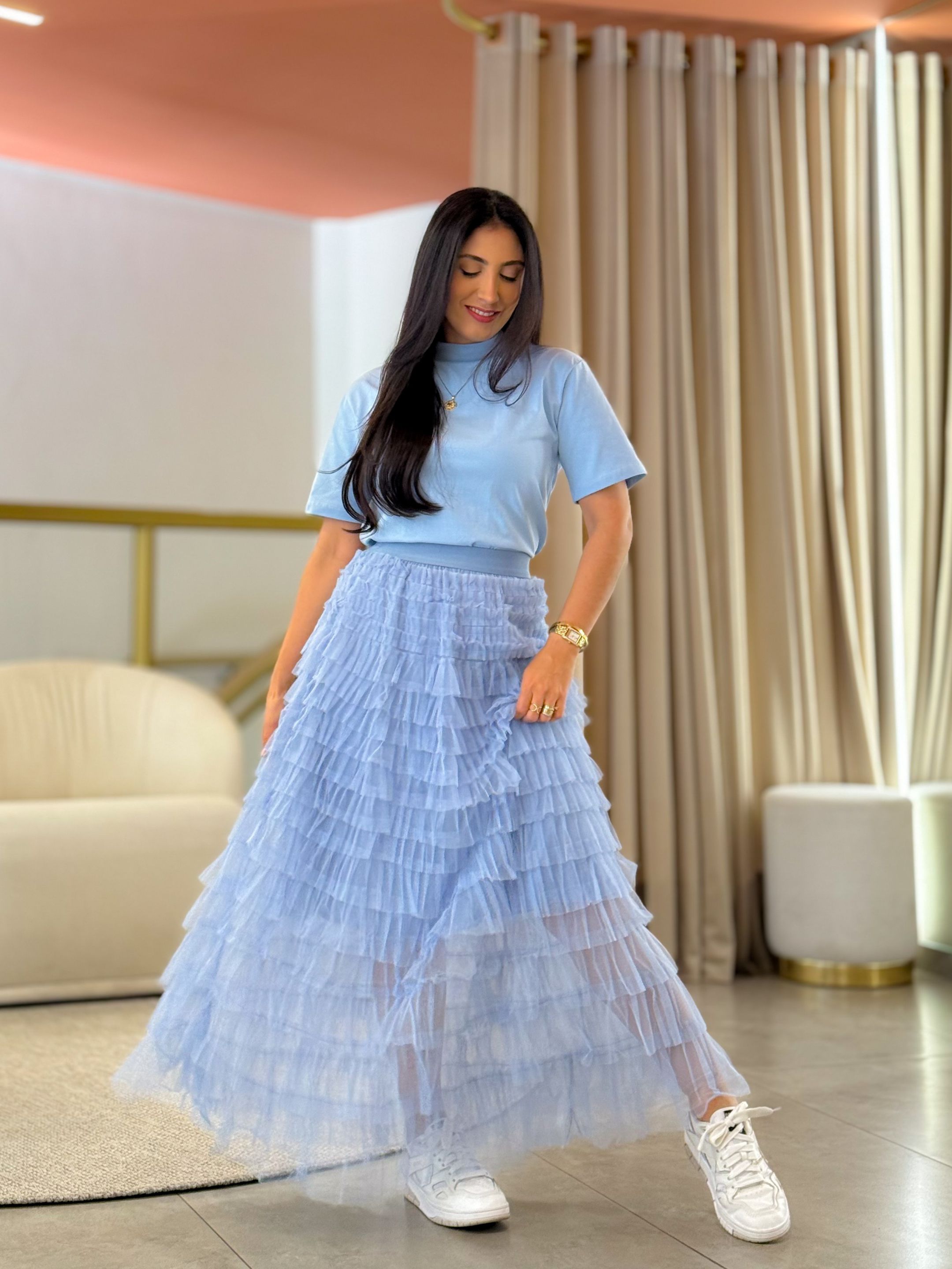Saia Louise Azul Bebe - Por Katia Vilar Moda Clássica 