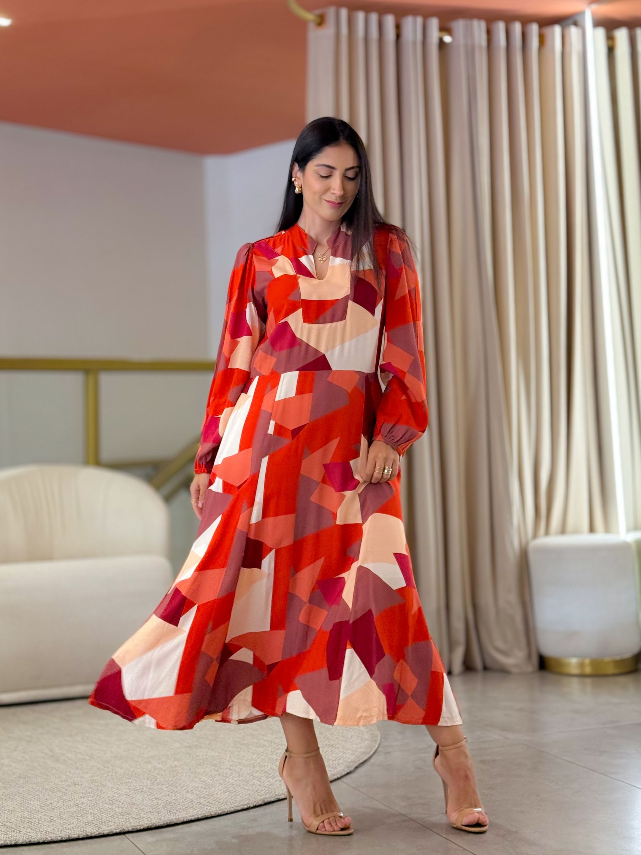 Vestido Noemi Vermelho E Terracota