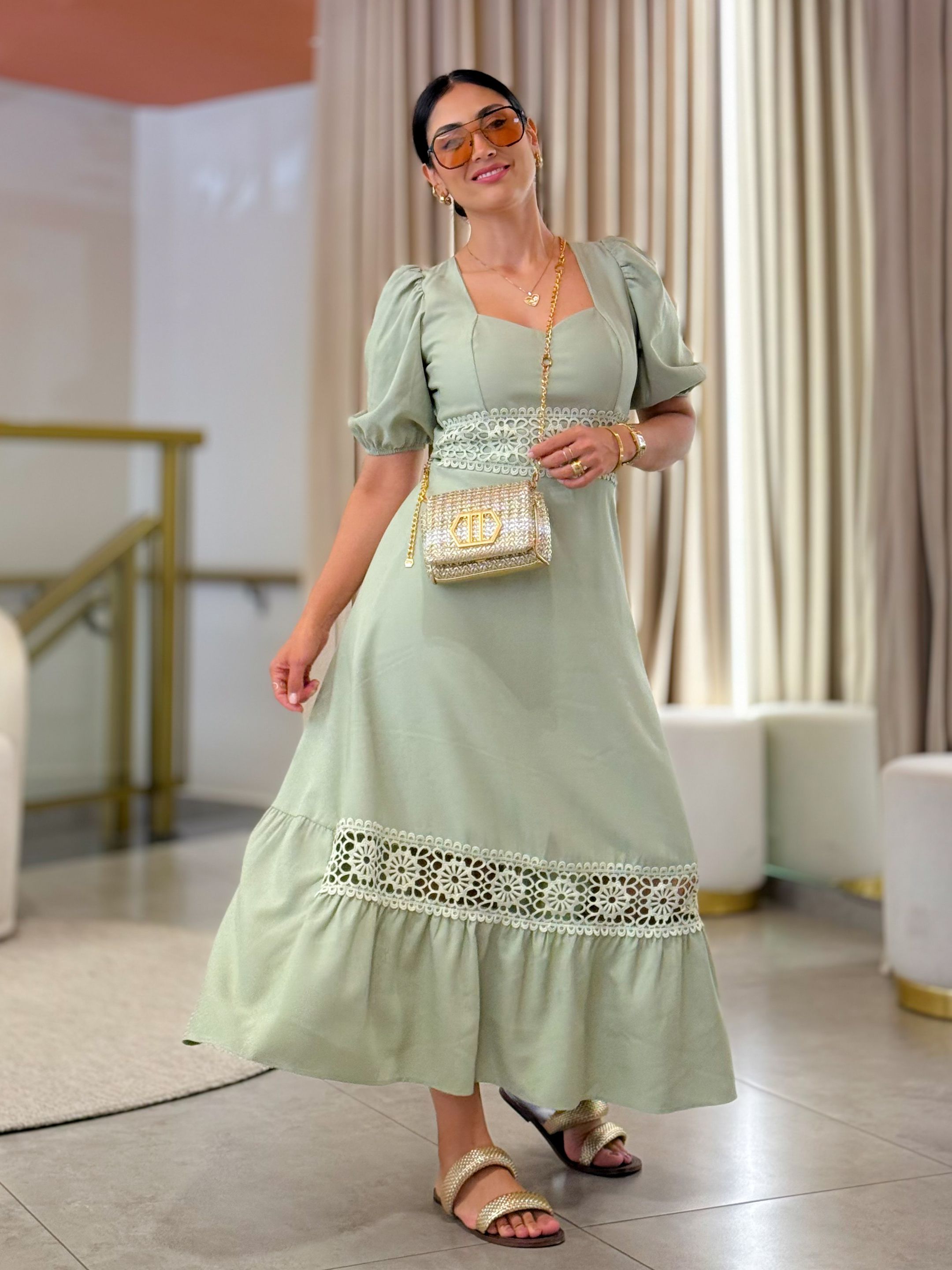 Vestido Betina Verde Oliva - Por Katia Vilar Moda Clássica 