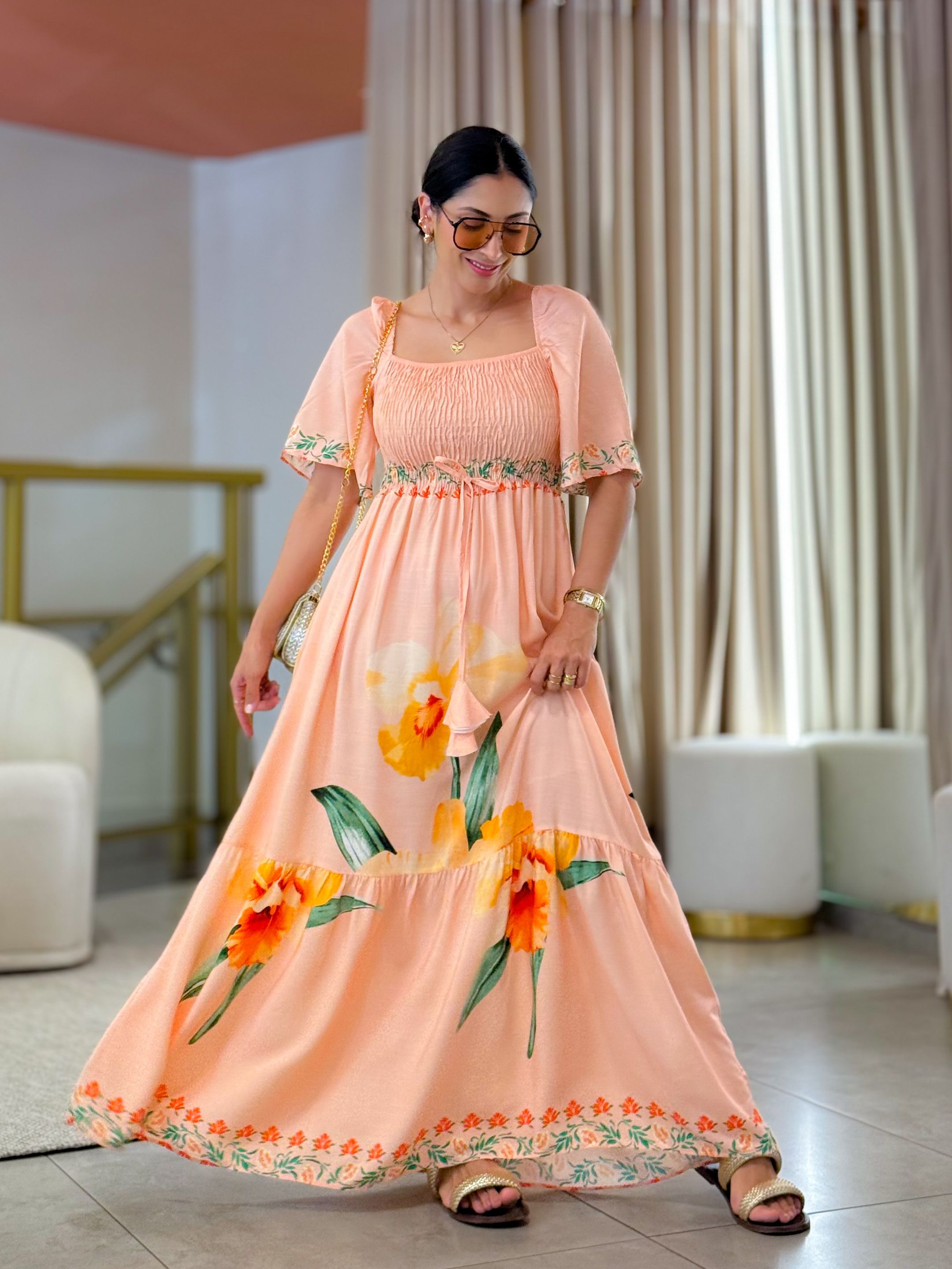 Vestido Paloma Salmão Floral - Por Katia Vilar Moda Clássica 