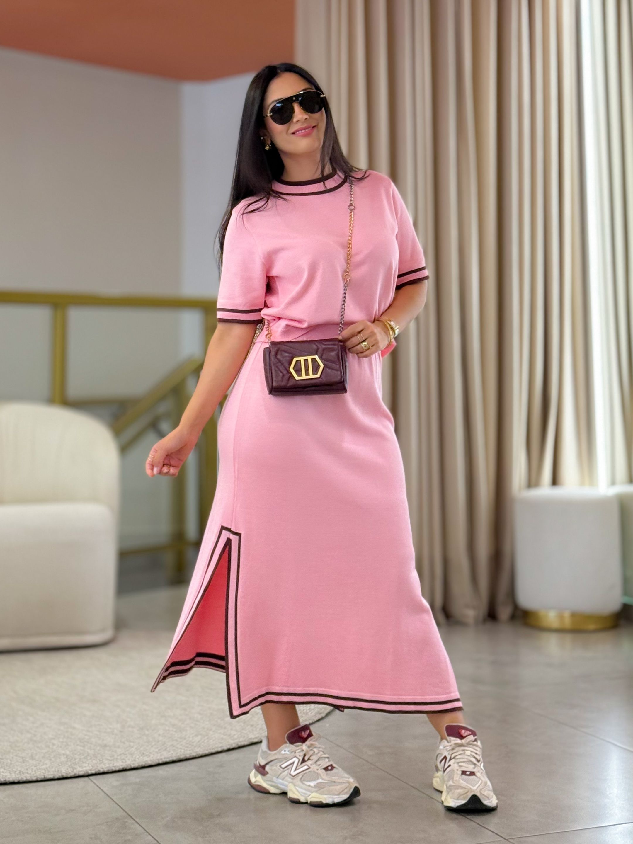 Conjunto Julia Tricot Rosa E Marrom - Por Katia Vilar Moda Clássica 